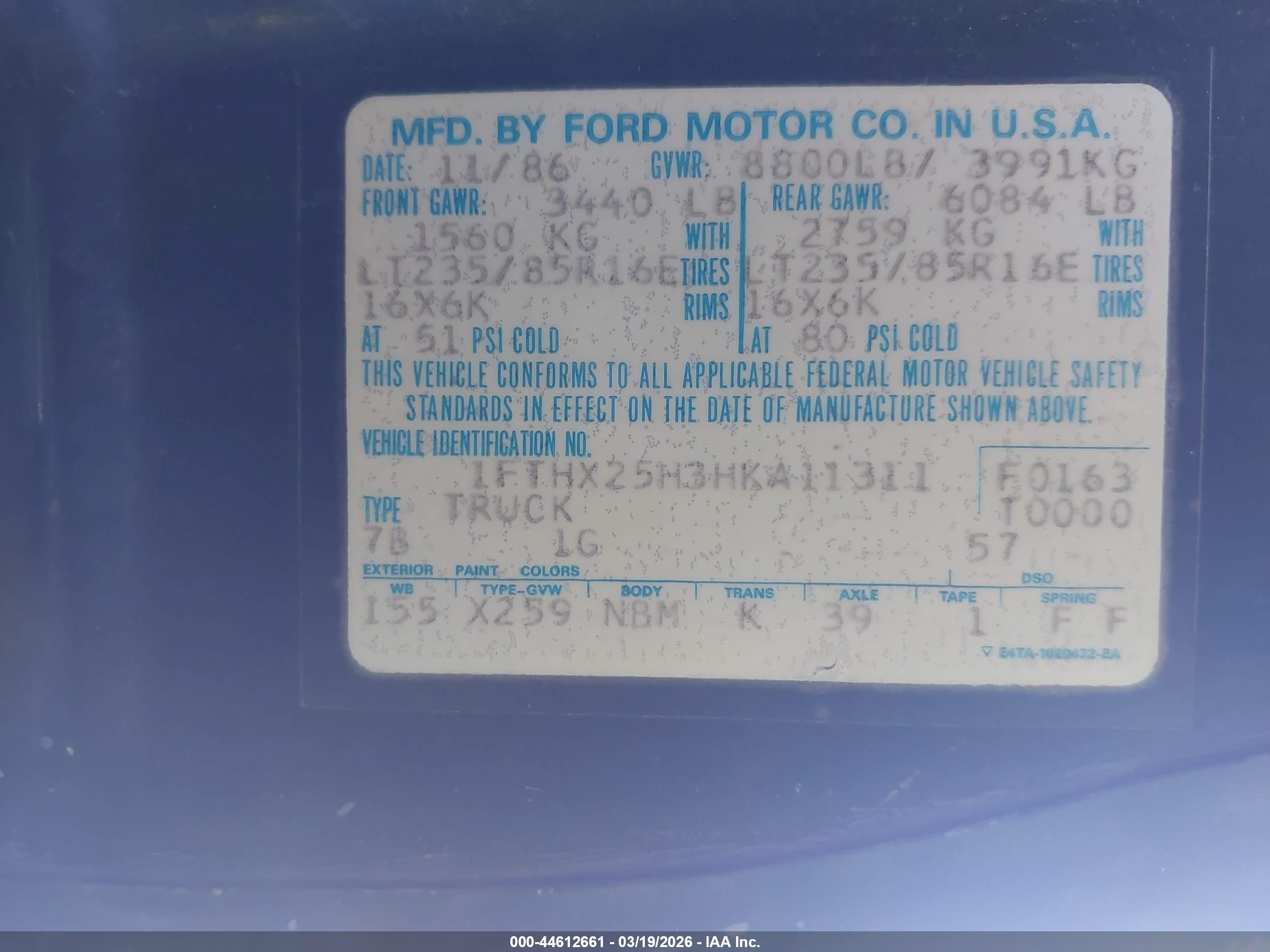1987 Ford F250   Blue vin: 1FTHX25H3HKA11311
