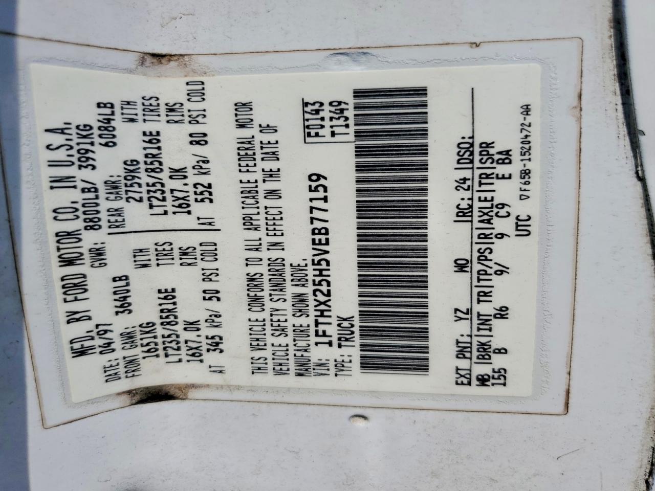 1997 Ford F250 White vin: 1FTHX25H5VEB77159
