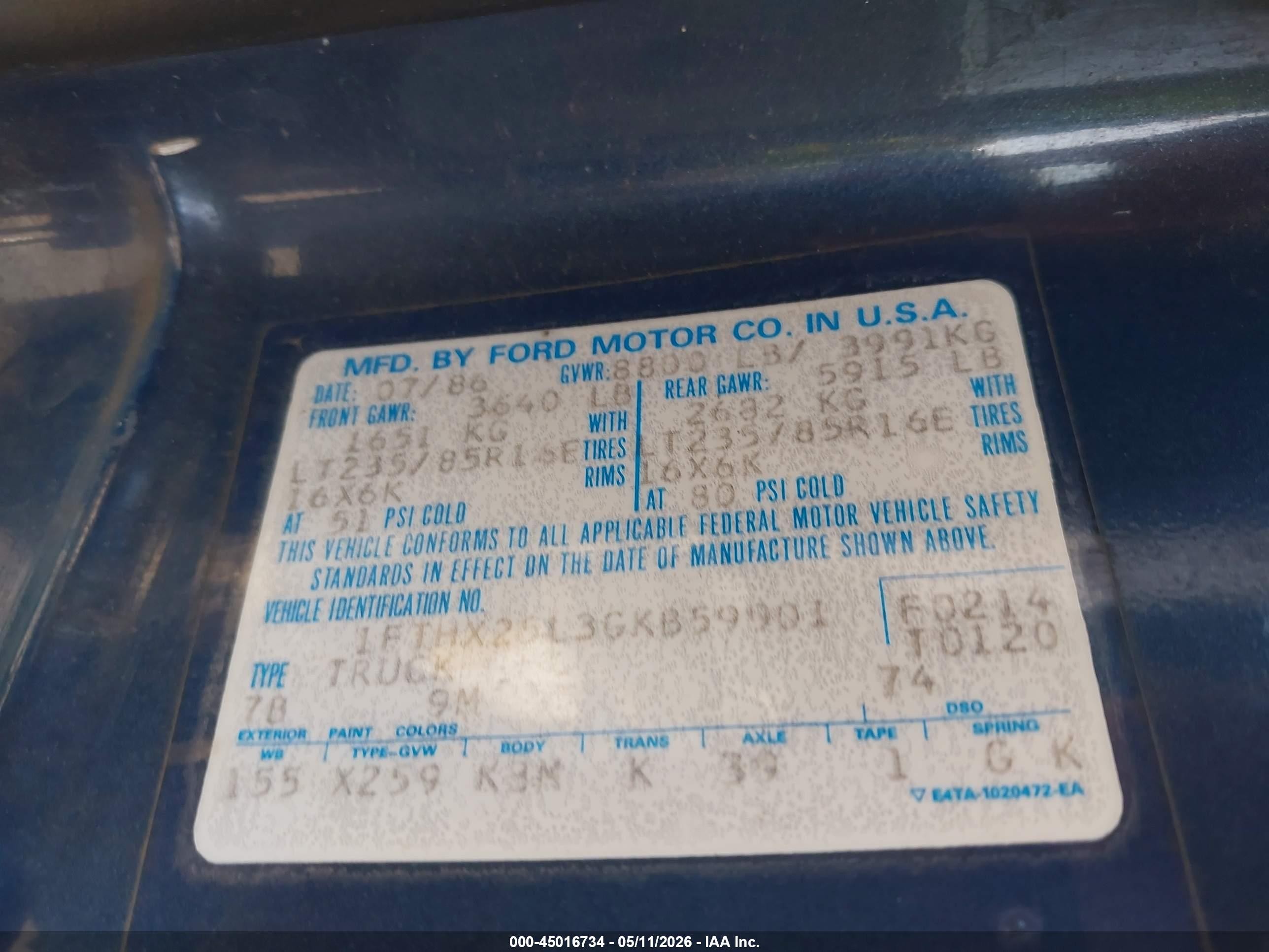 1986 Ford F250   Blue vin: 1FTHX25L3GKB59901