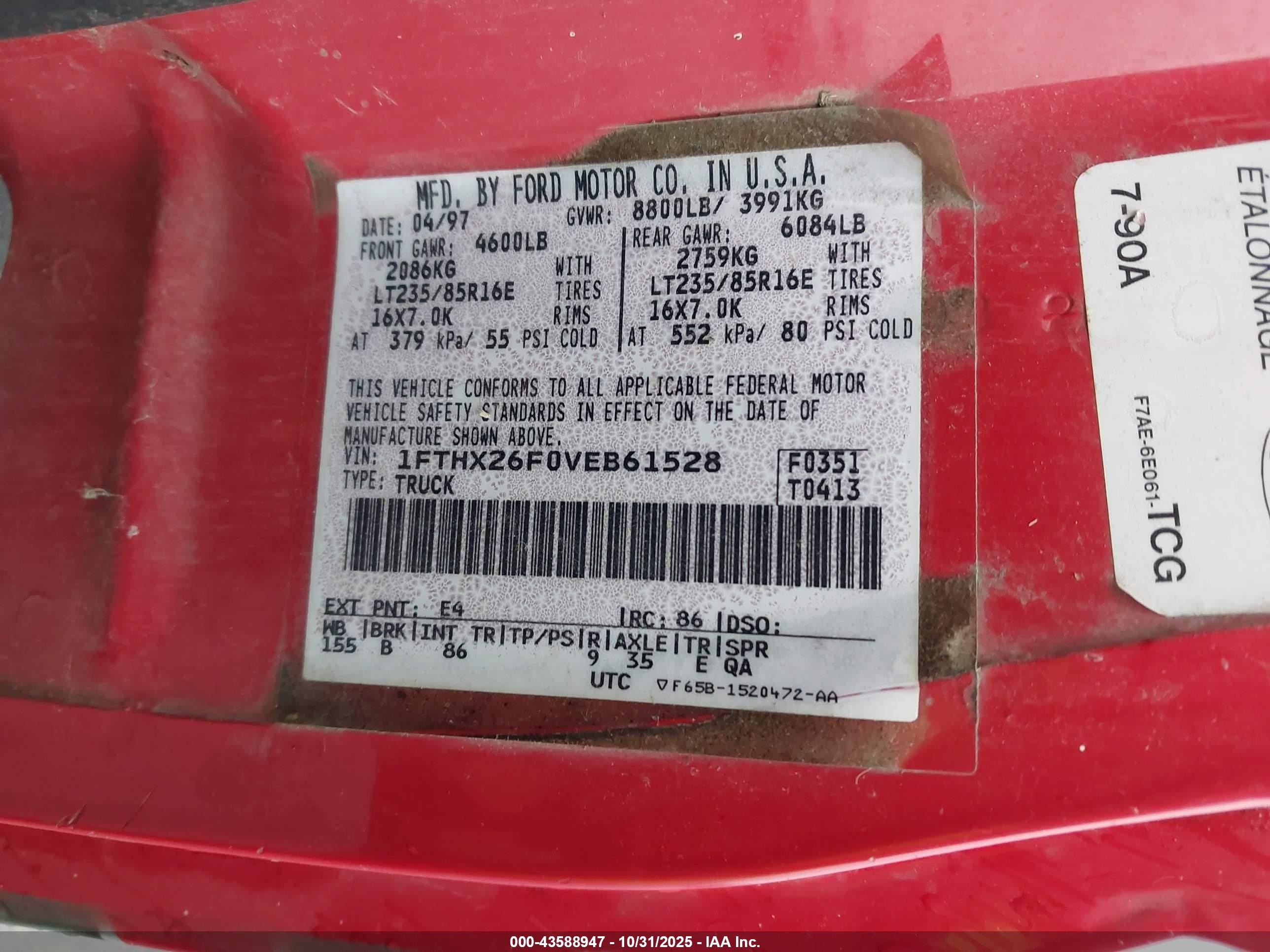1997 Ford F250   Red vin: 1FTHX26F0VEB61528