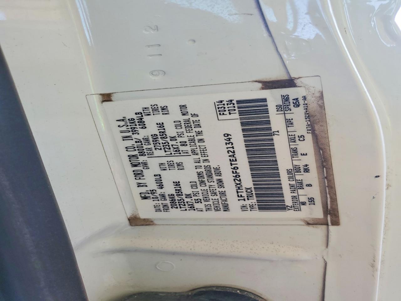 1996 Ford F250 White vin: 1FTHX26F6TEA21349