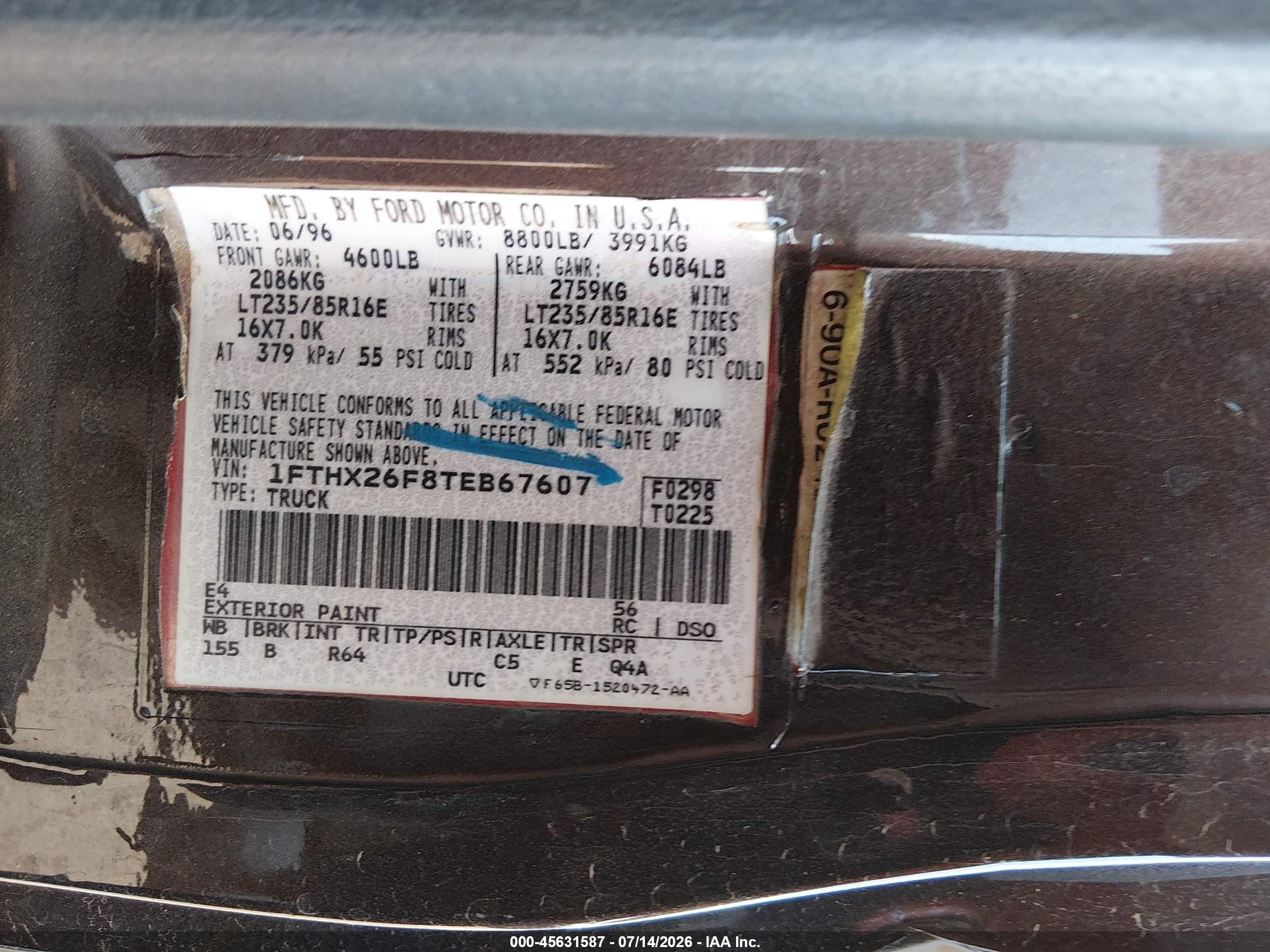 1996 Ford F250   Brown vin: 1FTHX26F8TEB67607