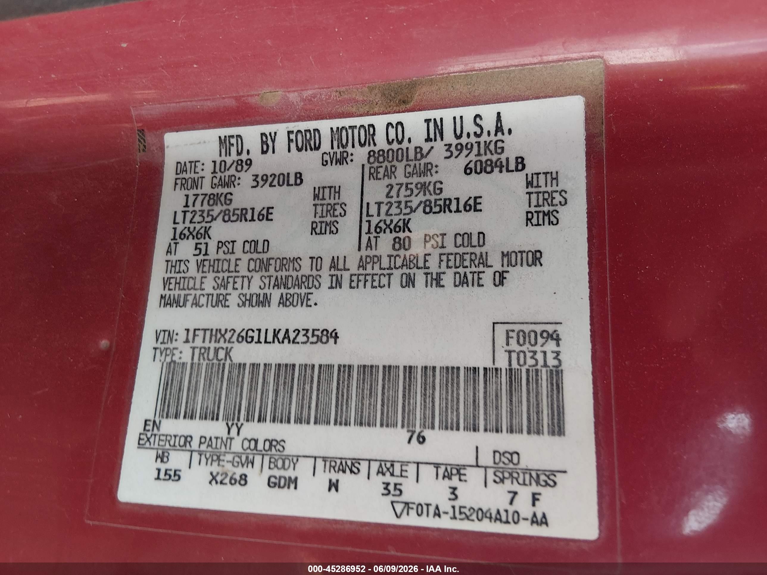 1990 Ford F250   Red vin: 1FTHX26G1LKA23584