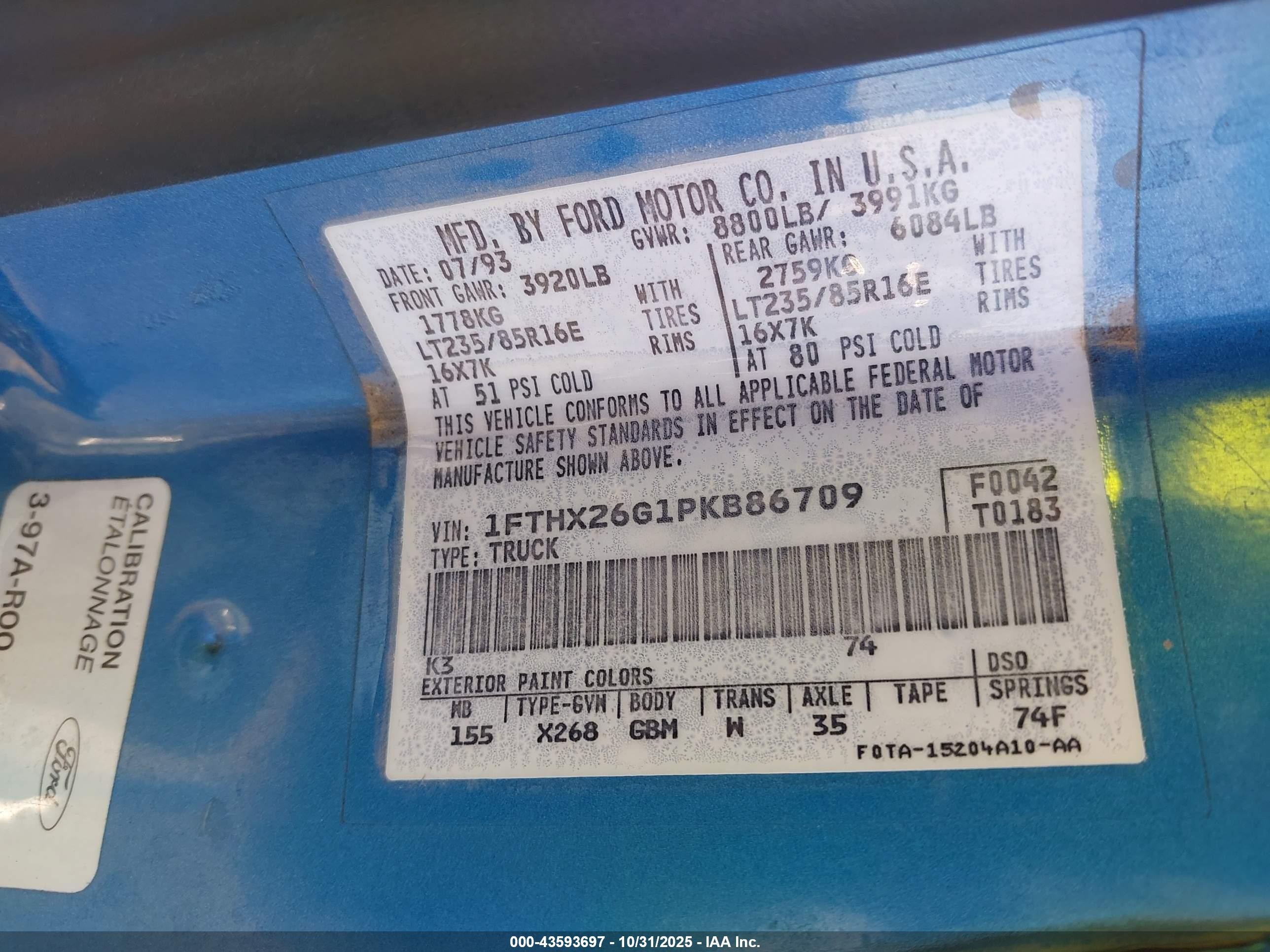1993 Ford F250   Blue vin: 1FTHX26G1PKB86709
