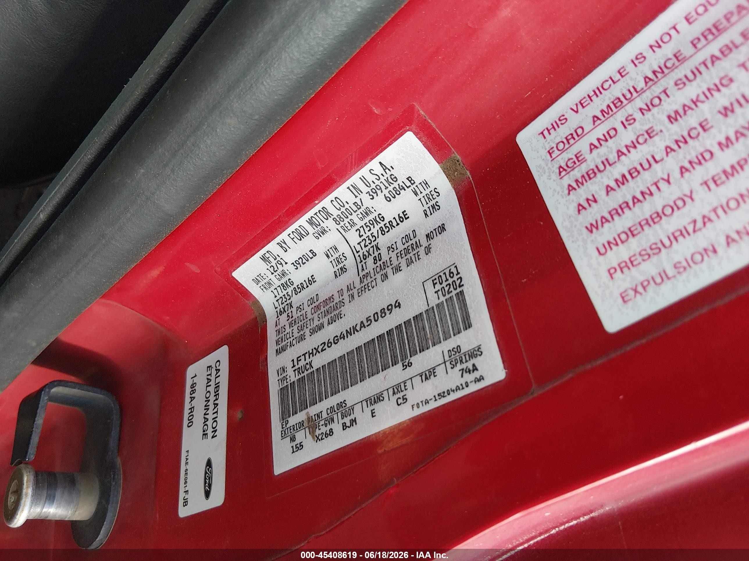 1992 Ford F250   Red vin: 1FTHX26G4NKA50894