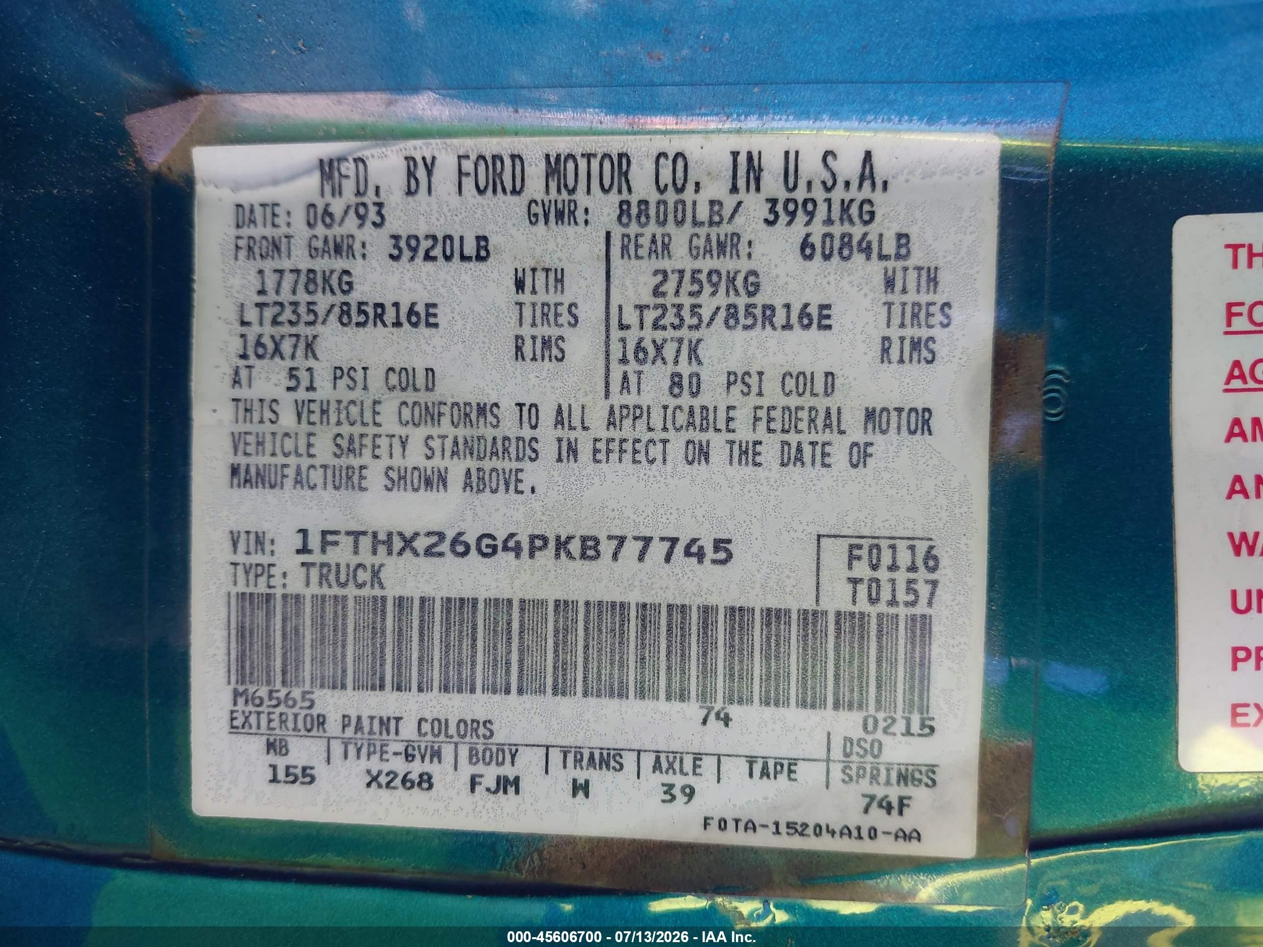 1993 Ford F250   Green vin: 1FTHX26G4PKB77745