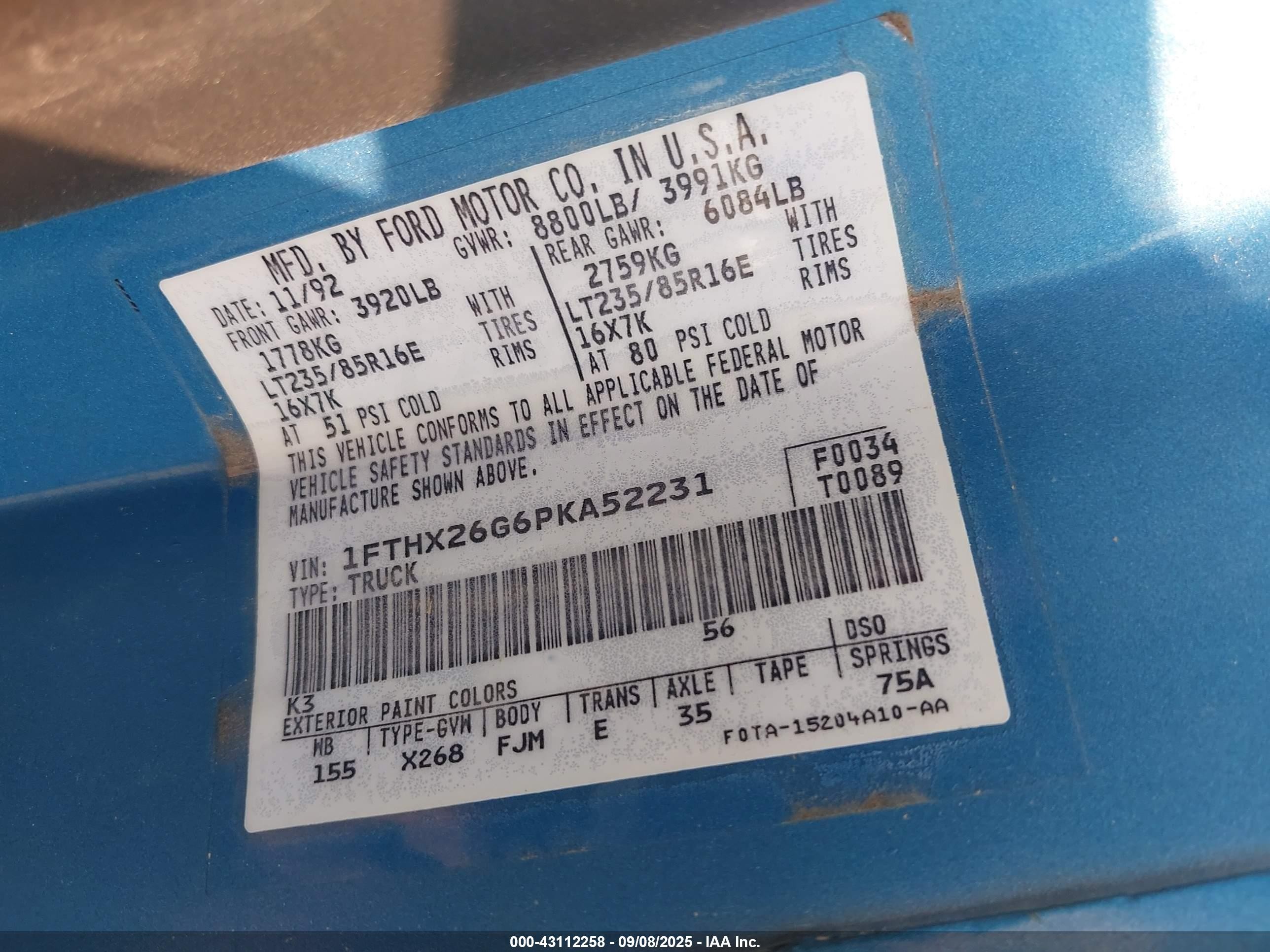 1993 Ford F250   Blue vin: 1FTHX26G6PKA52231