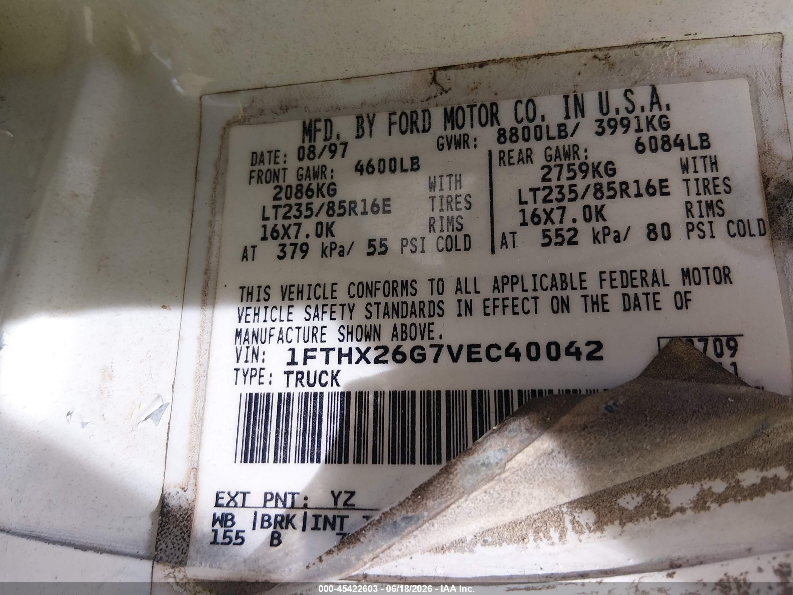 1997 Ford F-250 Xl White vin: 1FTHX26G7VEC40042