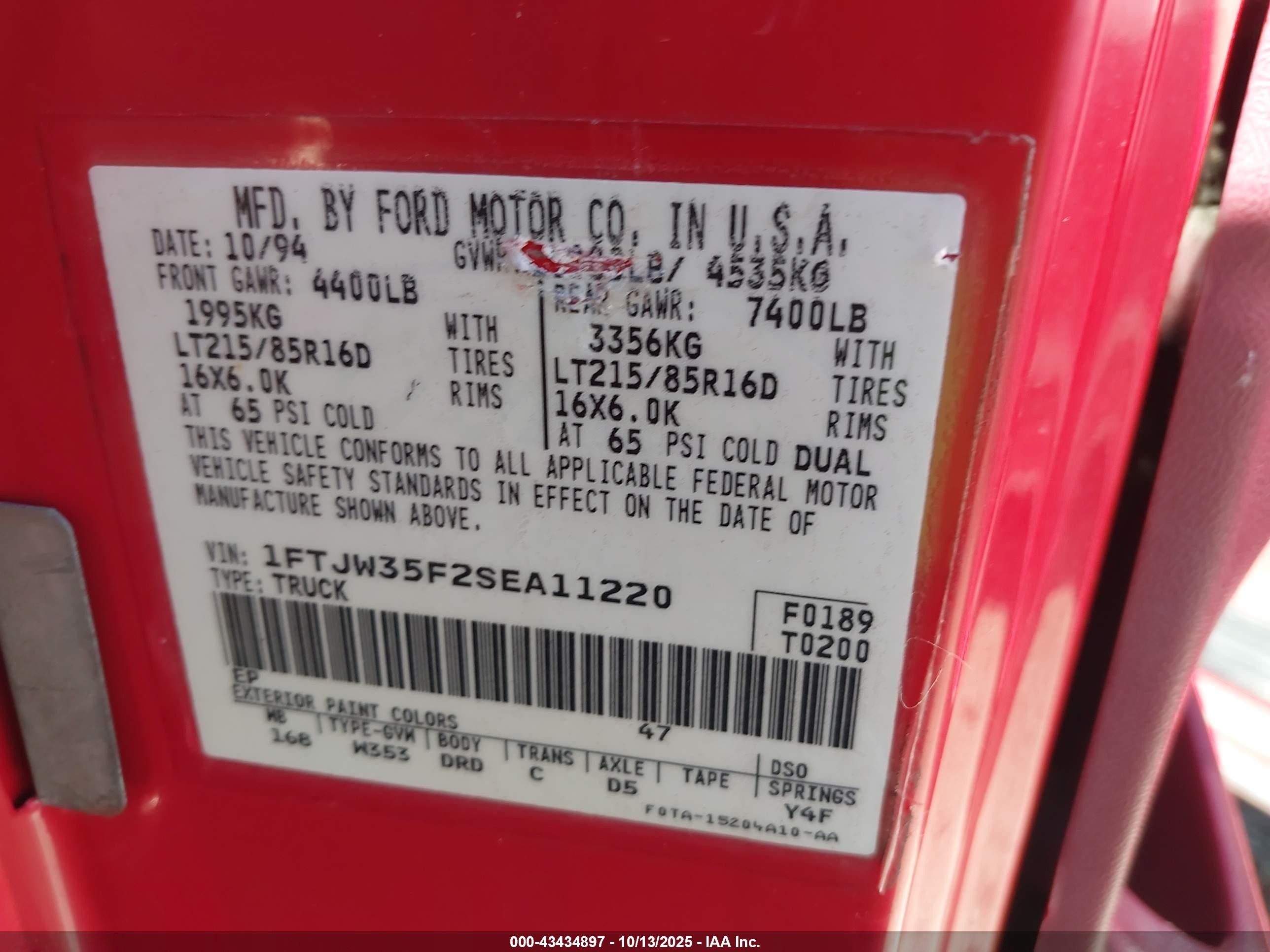 1995 Ford F350   Red vin: 1FTJW35F2SEA11220