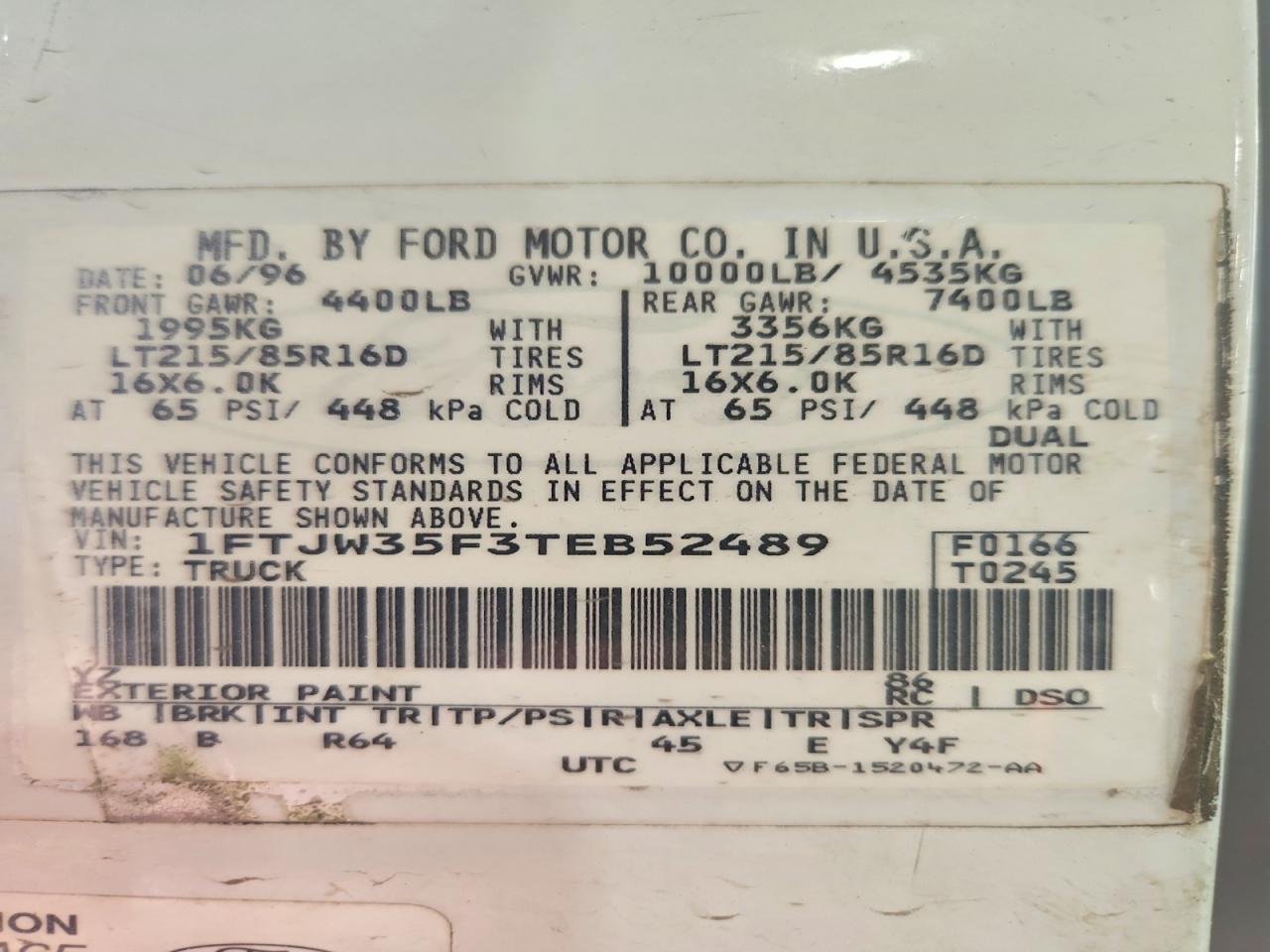 1996 Ford F350 White vin: 1FTJW35F3TEB52489