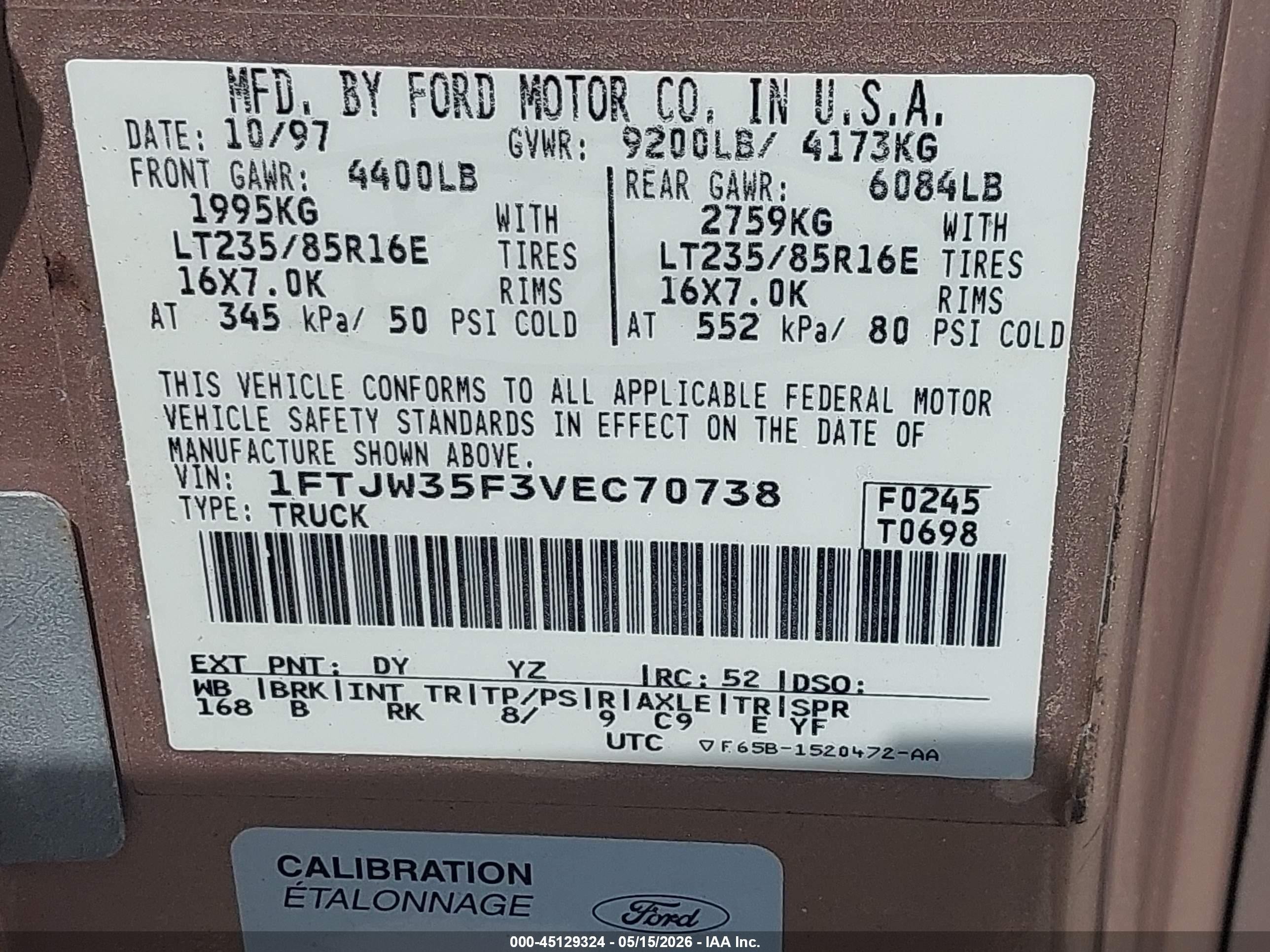 1997 Ford F-350 Xl Beige vin: 1FTJW35F3VEC70738