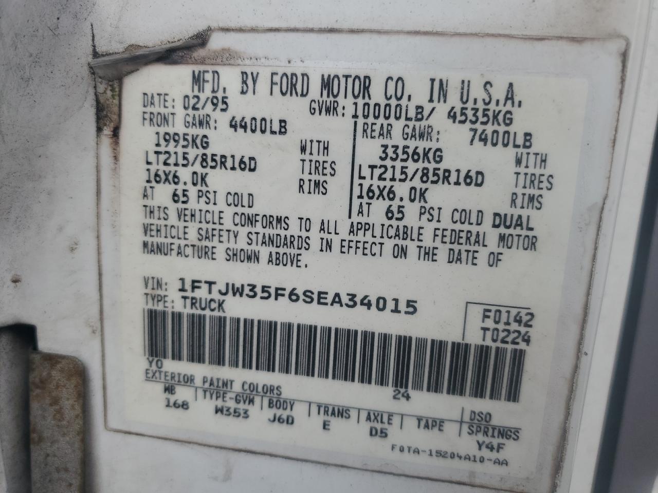 1995 Ford F350 White vin: 1FTJW35F6SEA34015