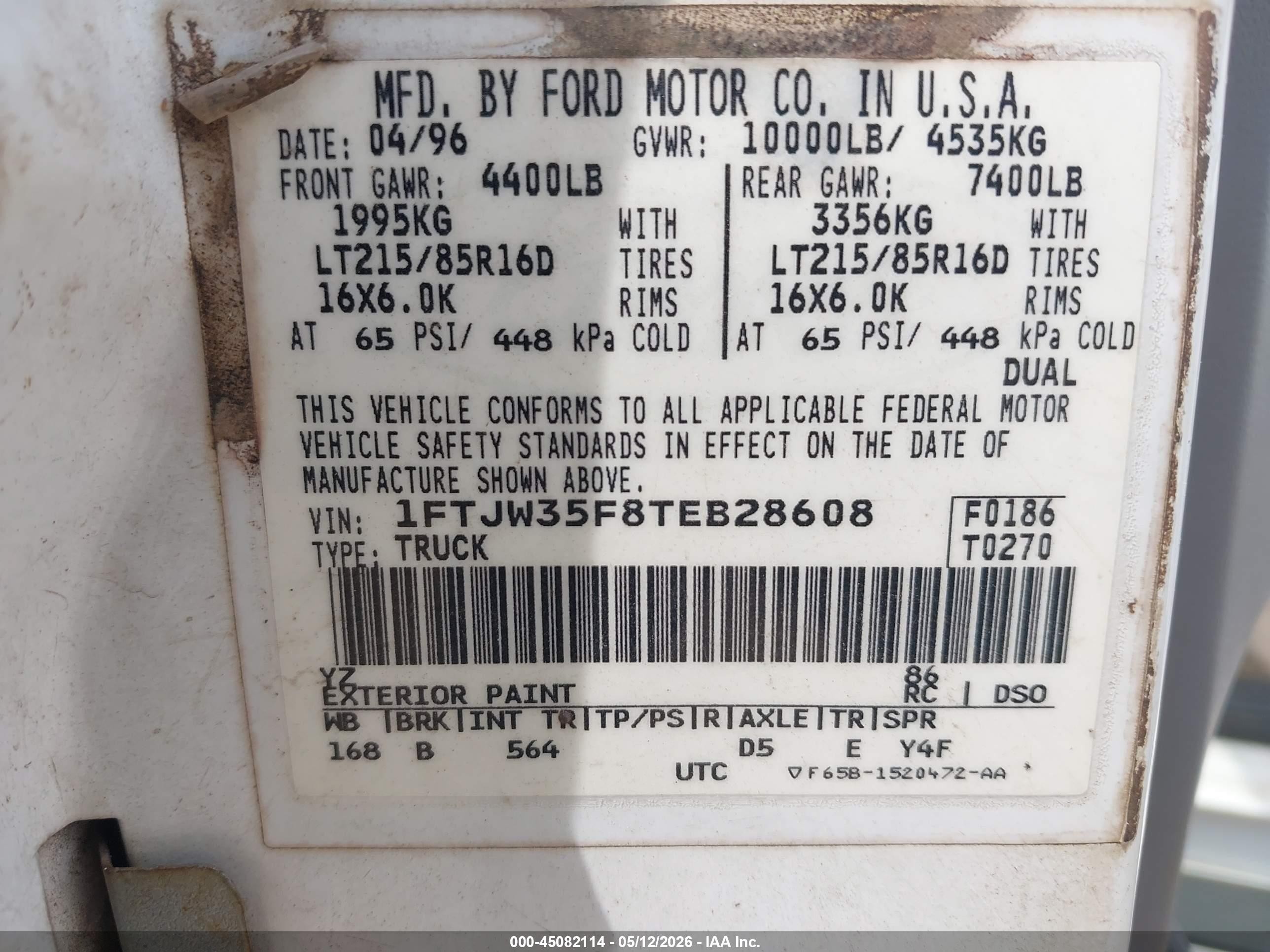 1996 Ford F350   White vin: 1FTJW35F8TEB28608