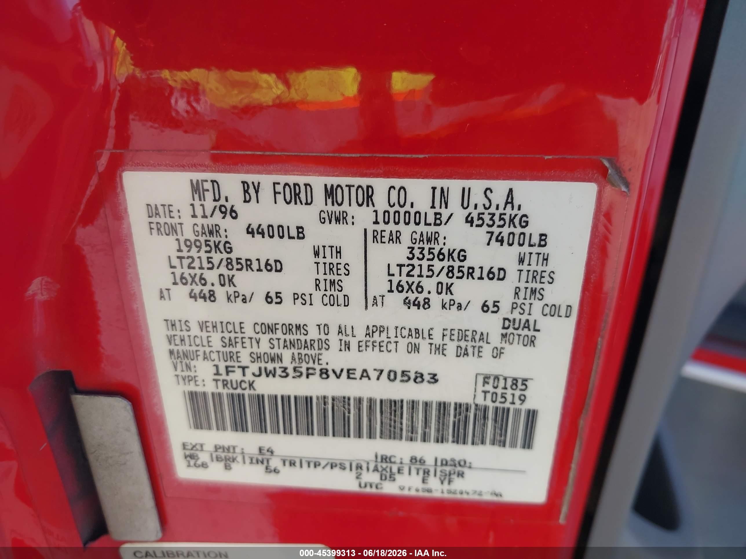 1997 Ford F-350 Xl Red vin: 1FTJW35F8VEA70583