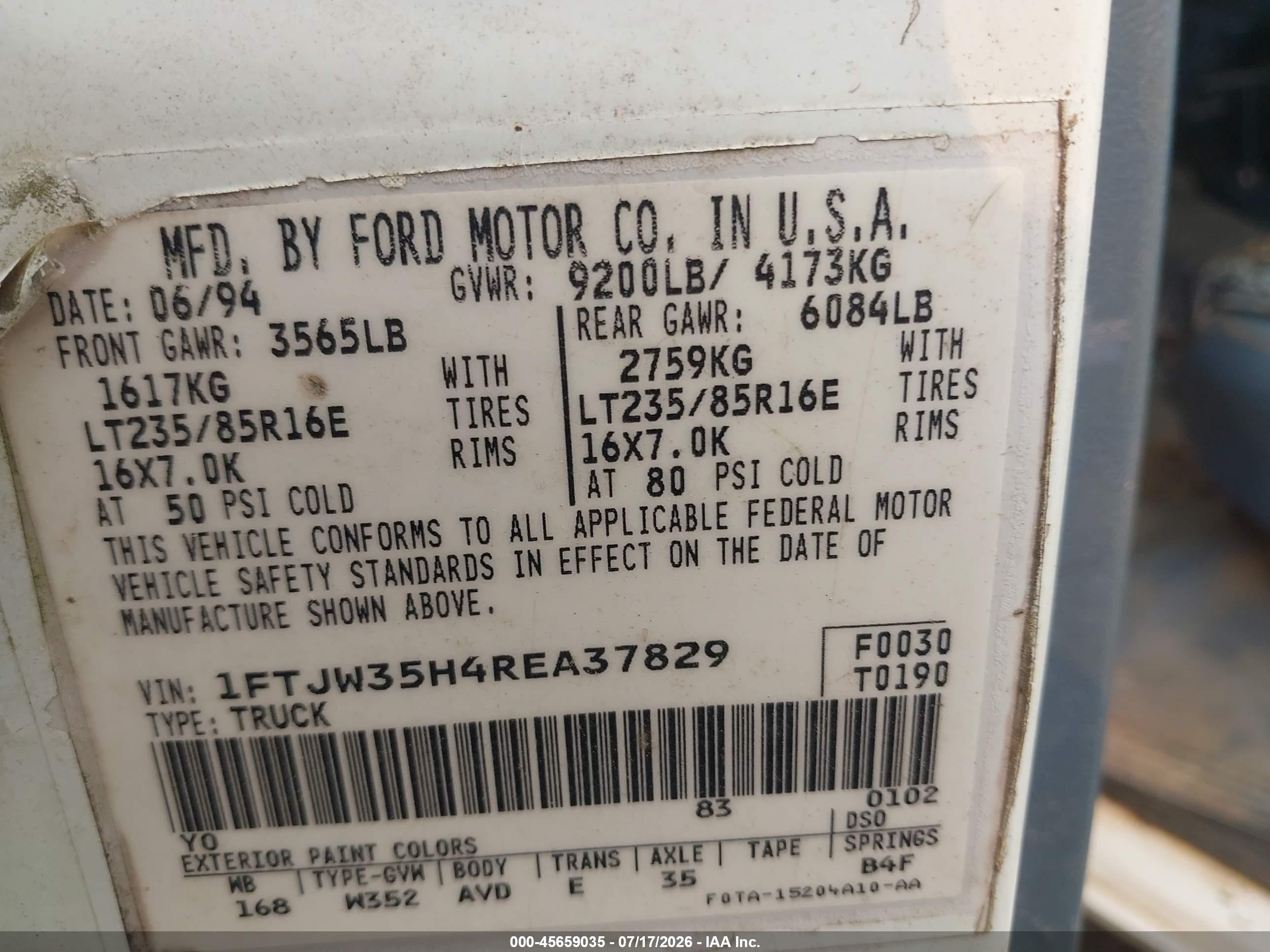 1994 Ford F350   White vin: 1FTJW35H4REA37829