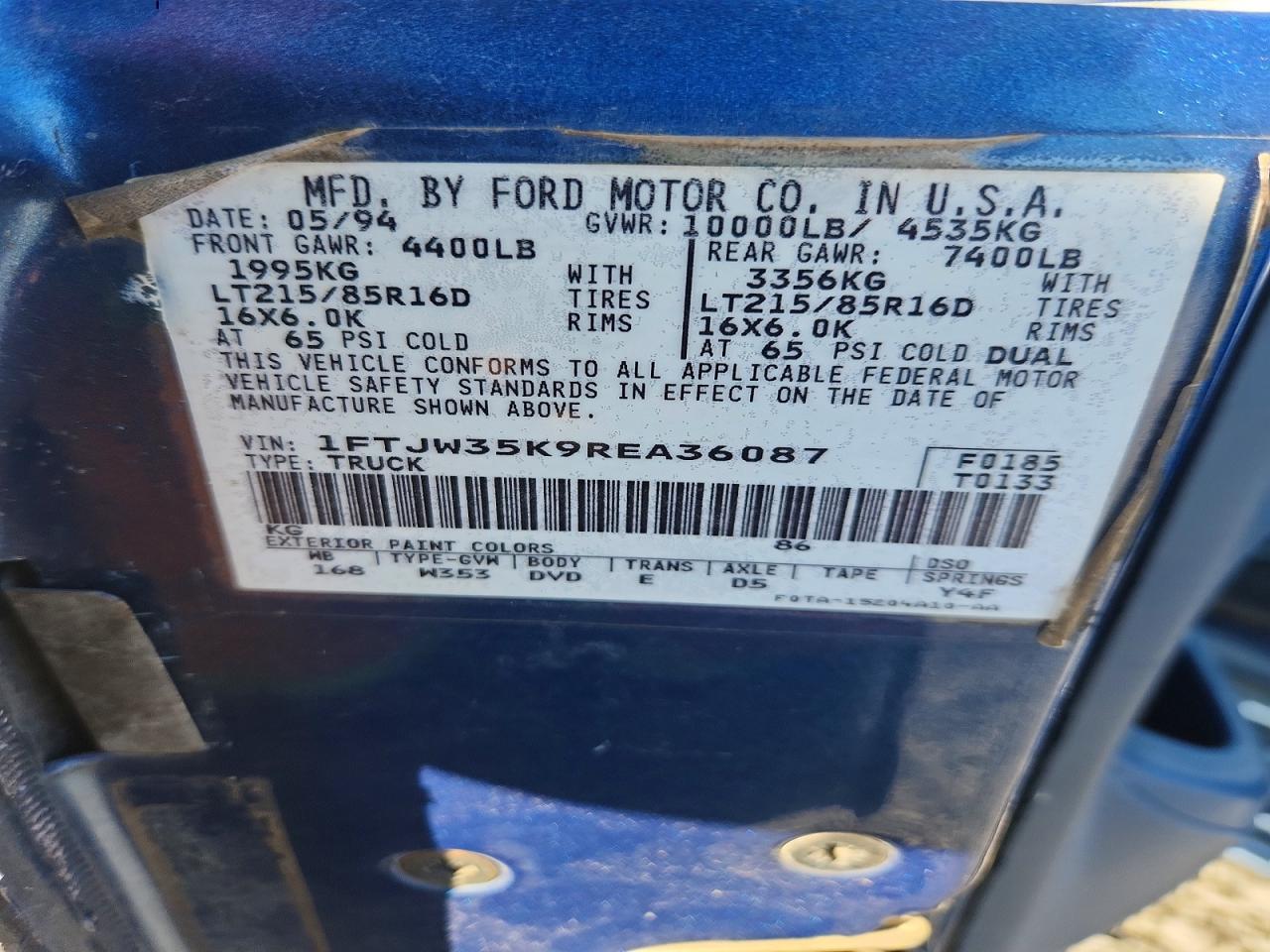 1994 Ford F350 Blue vin: 1FTJW35K9REA36087