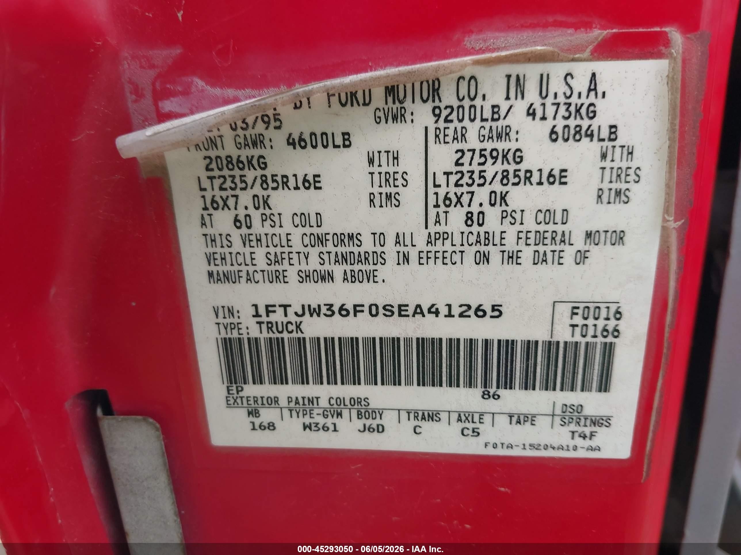 1995 Ford F350   Red vin: 1FTJW36F0SEA41265