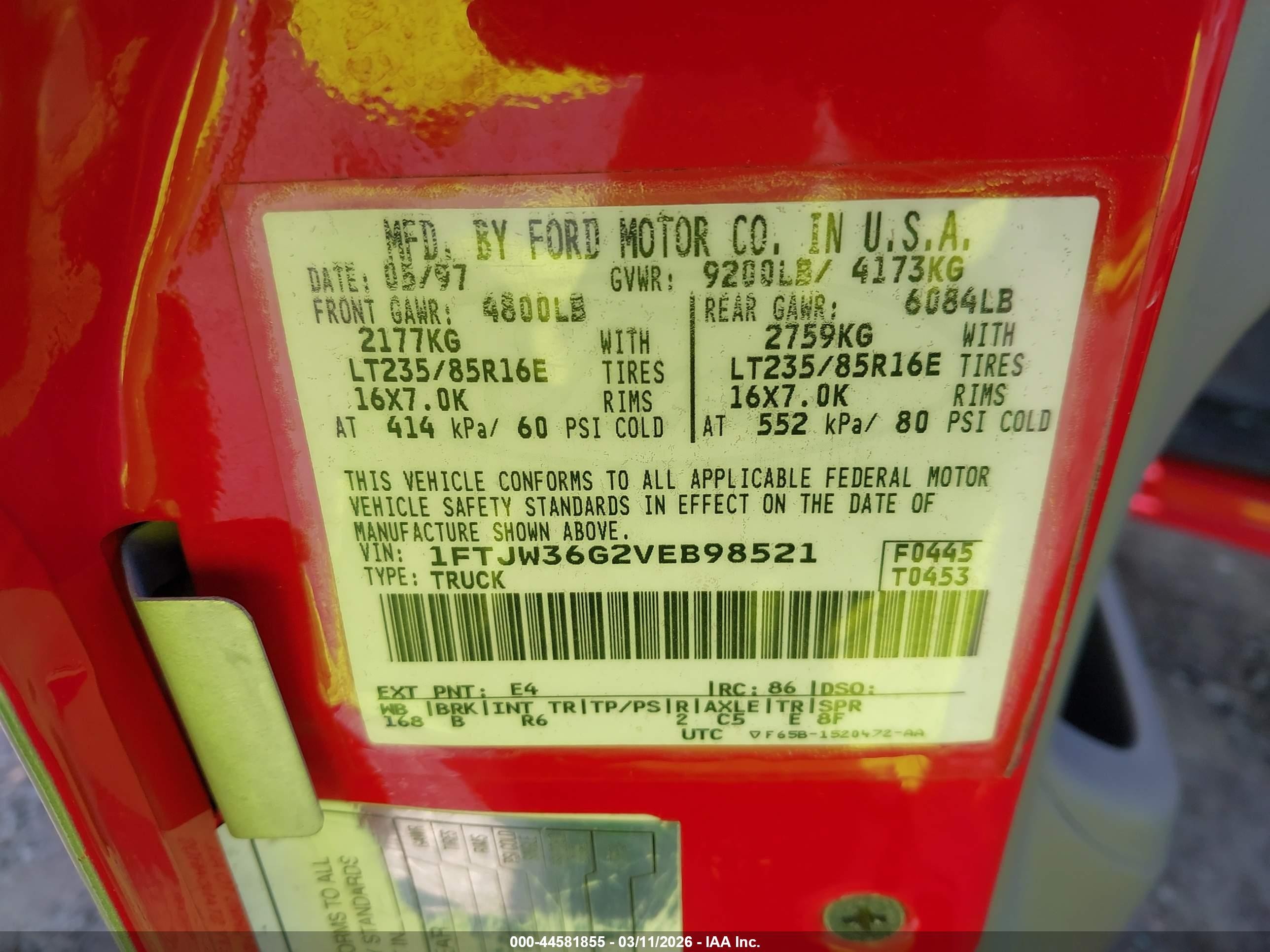 1997 Ford F-350 Xl Red vin: 1FTJW36G2VEB98521