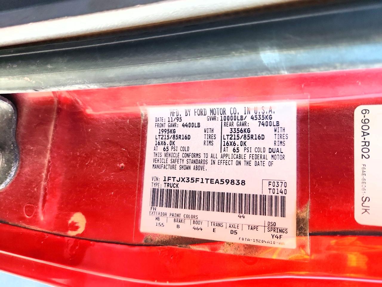 1996 Ford F350 Red vin: 1FTJX35F1TEA59838
