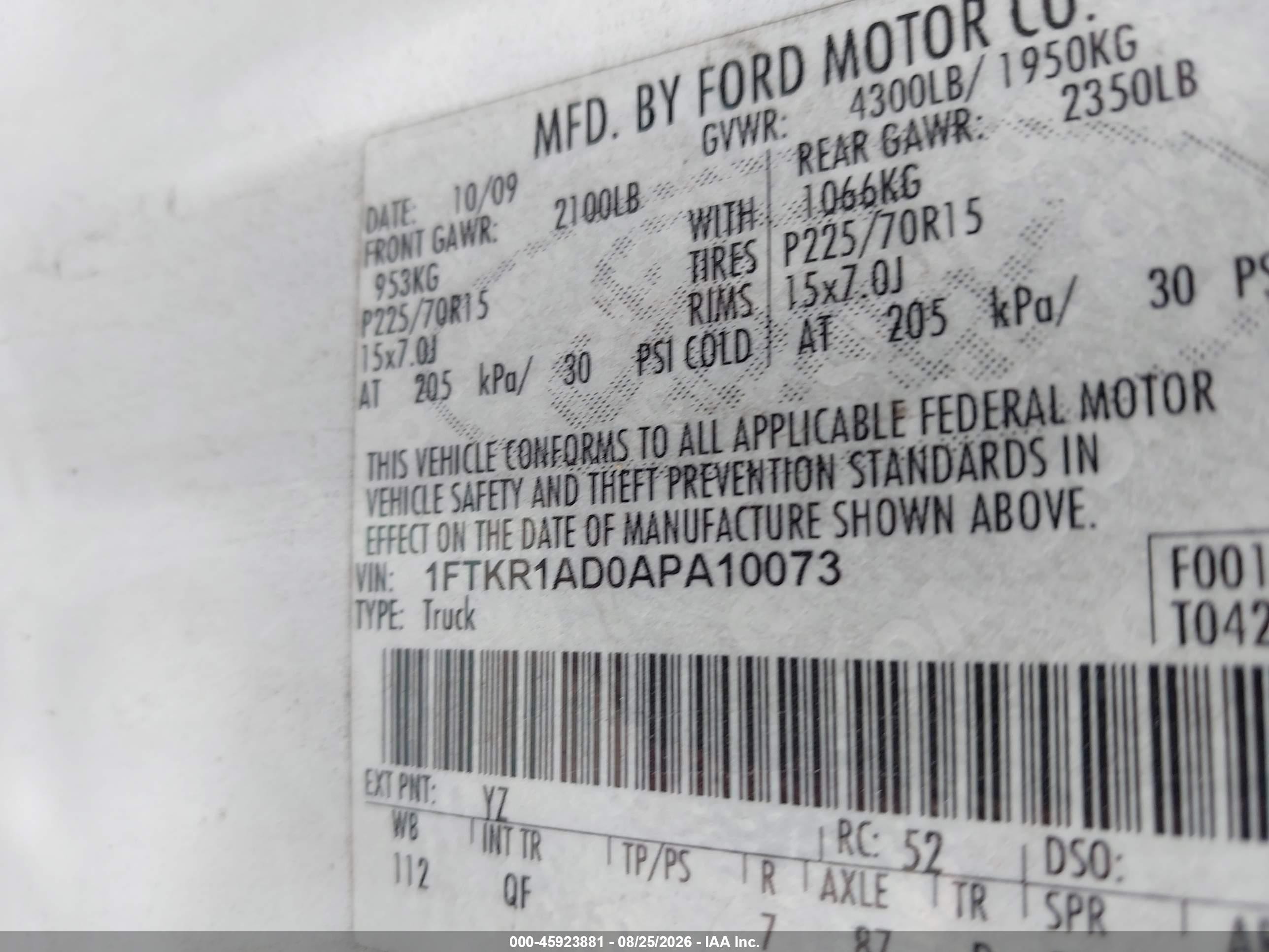 2010 Ford Ranger Xl White vin: 1FTKR1AD0APA10073