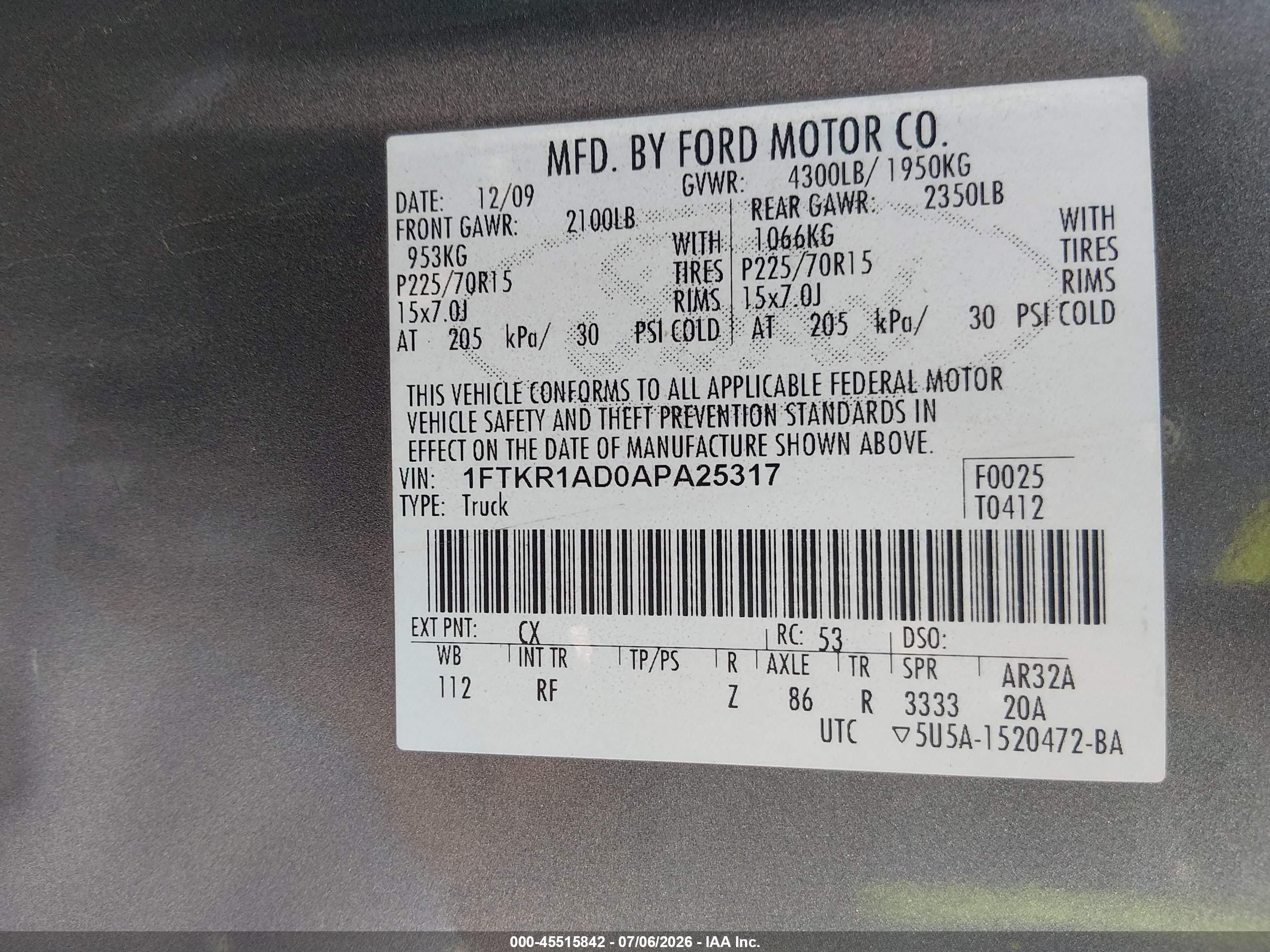2010 Ford Ranger Xl/xlt Gray vin: 1FTKR1AD0APA25317