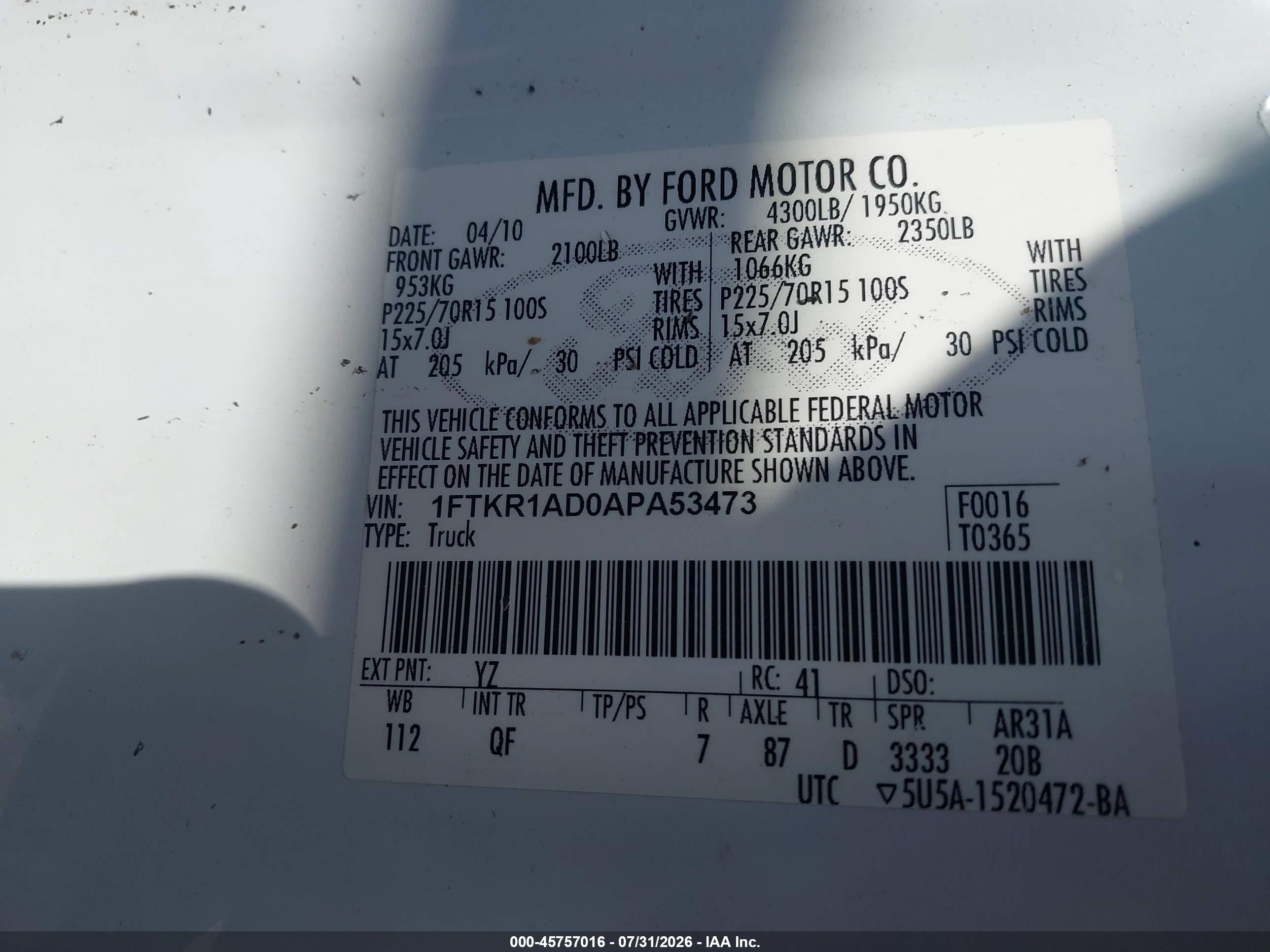 2010 Ford Ranger Xl/xlt White vin: 1FTKR1AD0APA53473