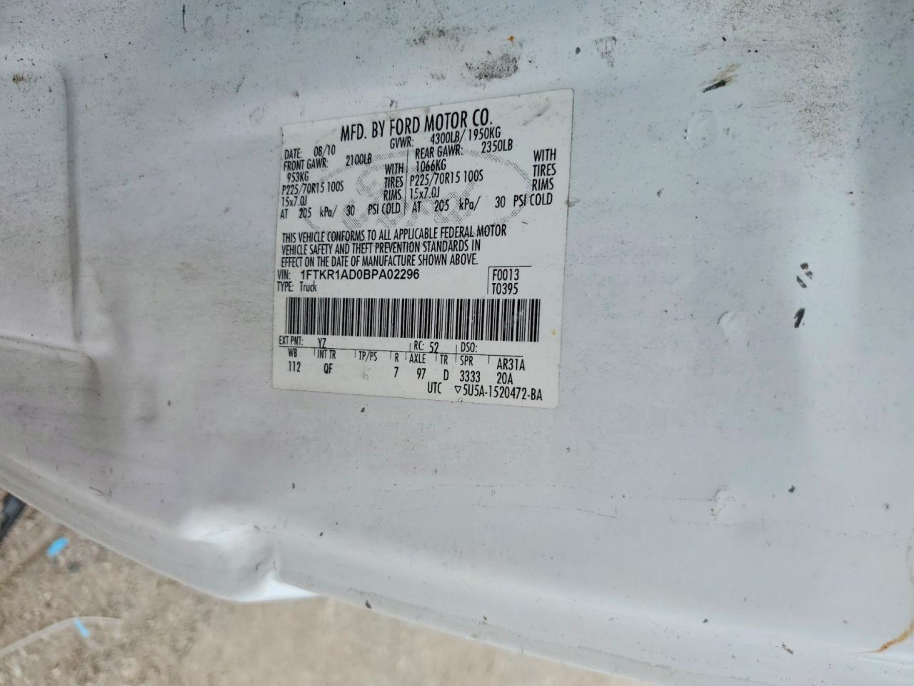 2011 Ford Ranger White vin: 1FTKR1AD0BPA02296