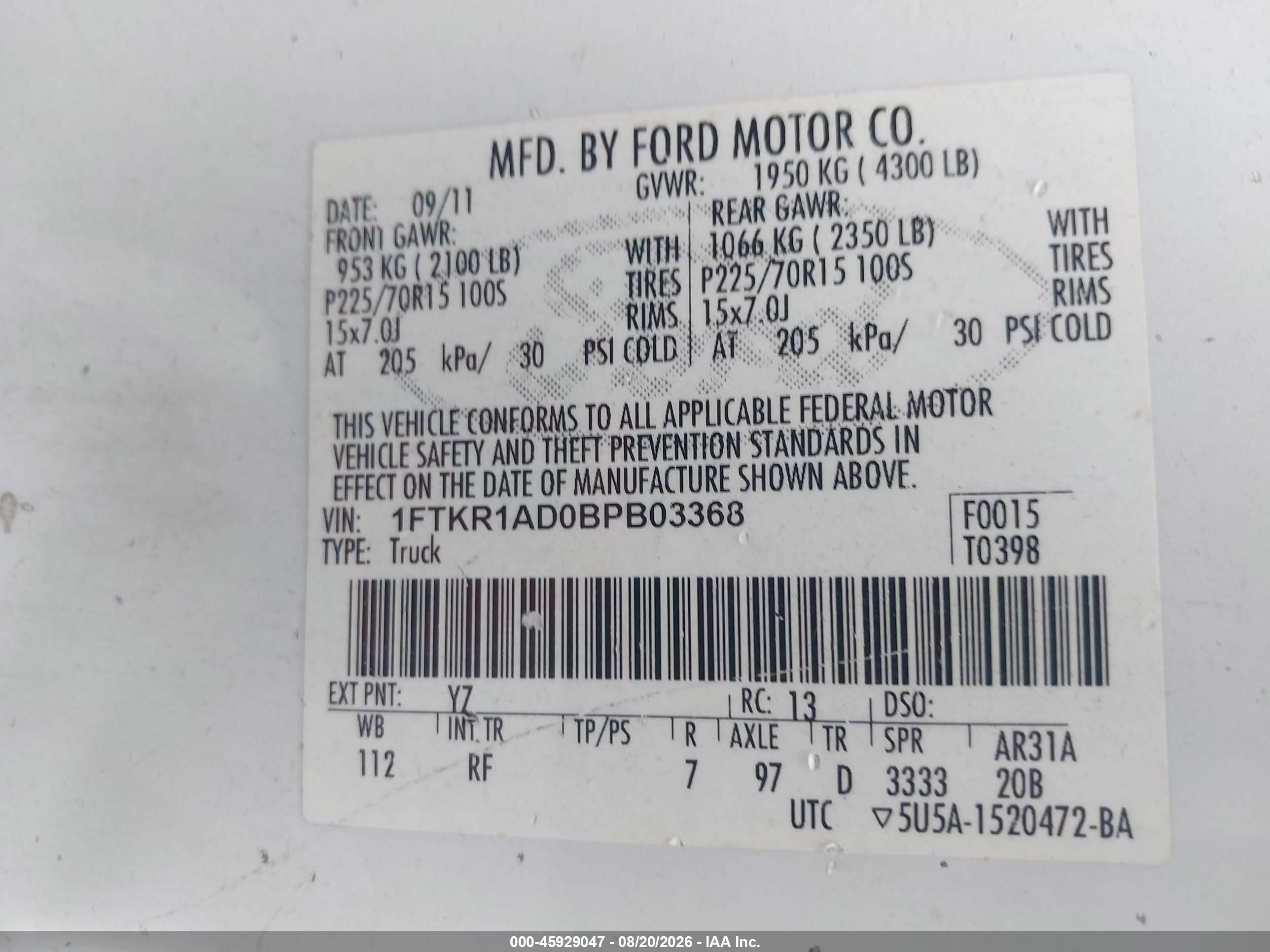 2011 Ford Ranger Xl White vin: 1FTKR1AD0BPB03368