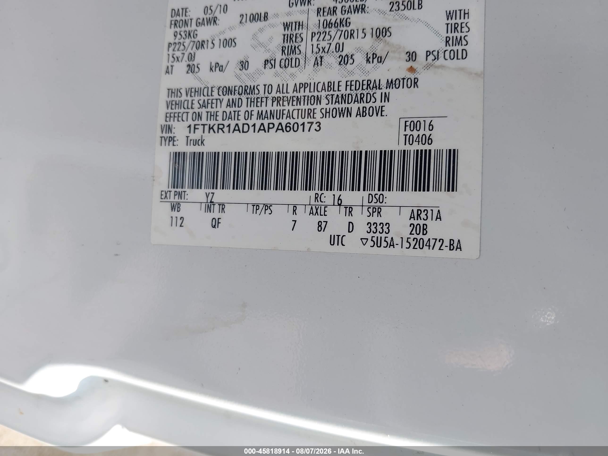 2010 Ford Ranger Xl/xlt White vin: 1FTKR1AD1APA60173