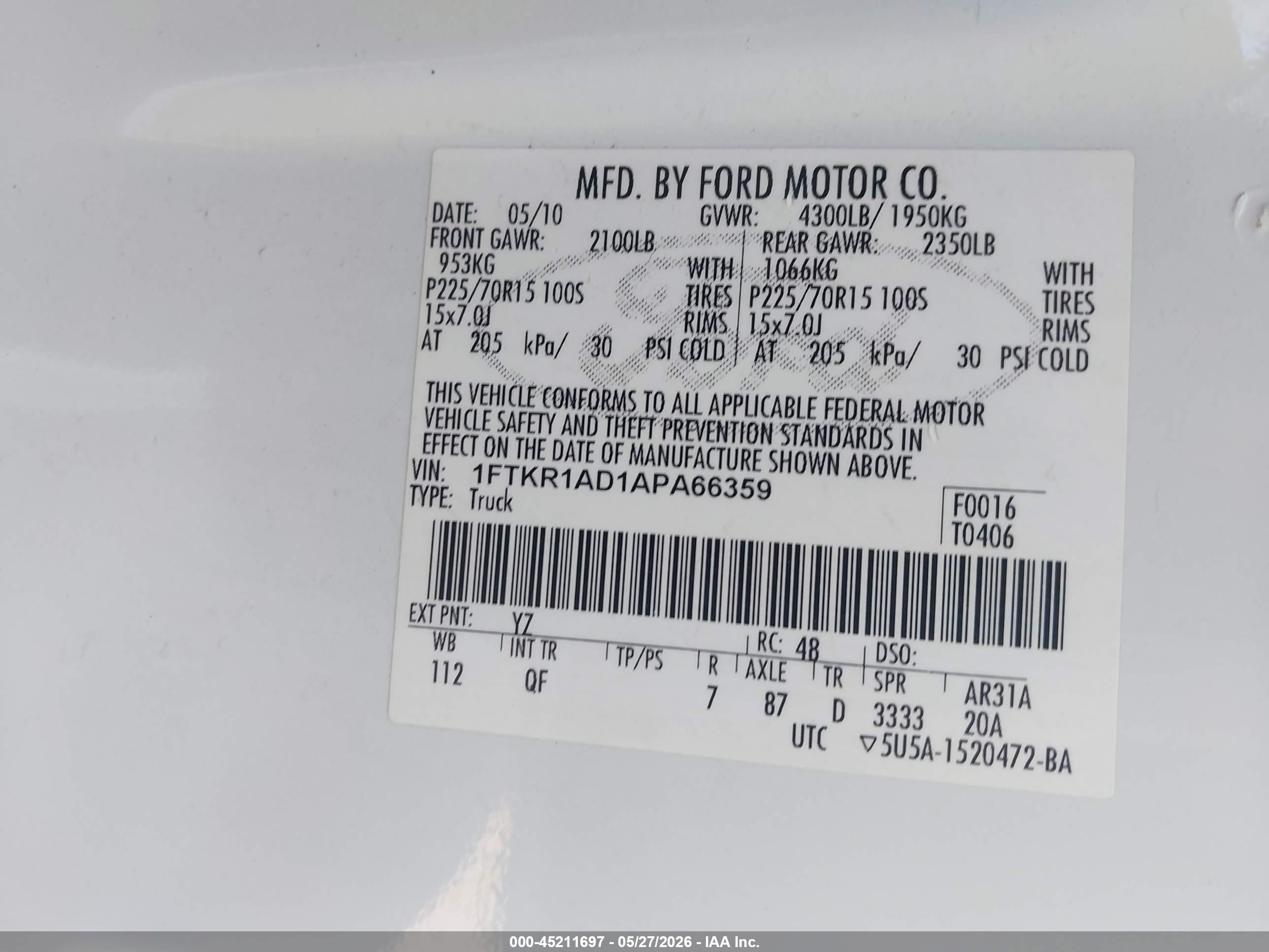 2010 Ford Ranger Xl/xlt White vin: 1FTKR1AD1APA66359