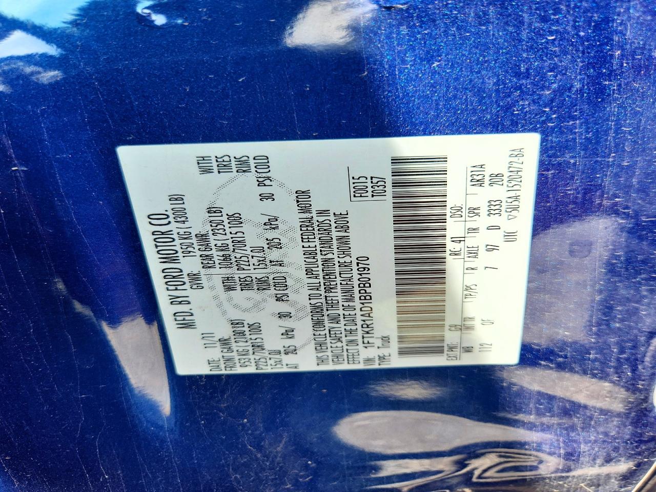 2011 Ford Ranger Blue vin: 1FTKR1AD1BPB01970
