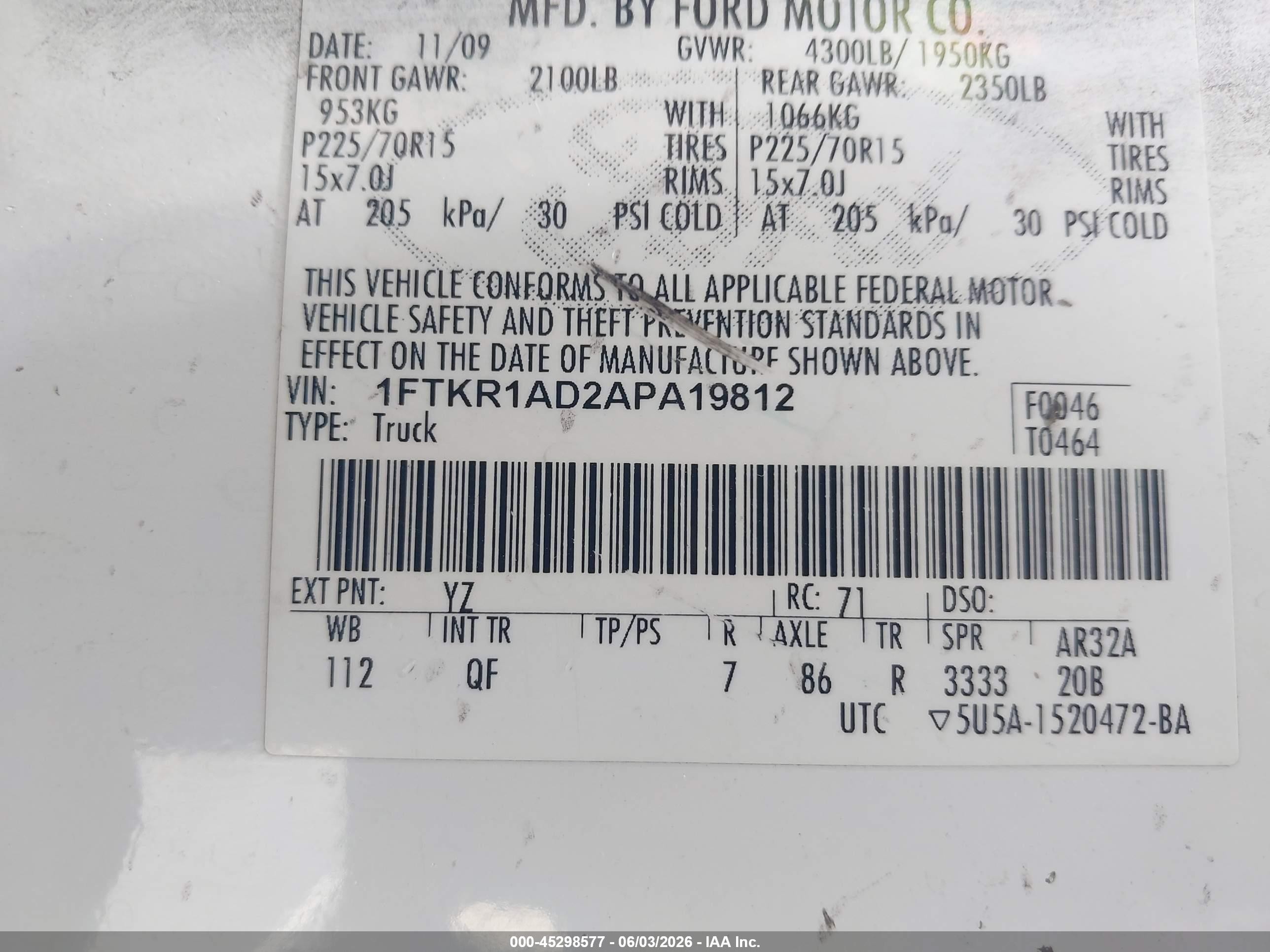 2010 Ford Ranger Xl/xlt White vin: 1FTKR1AD2APA19812
