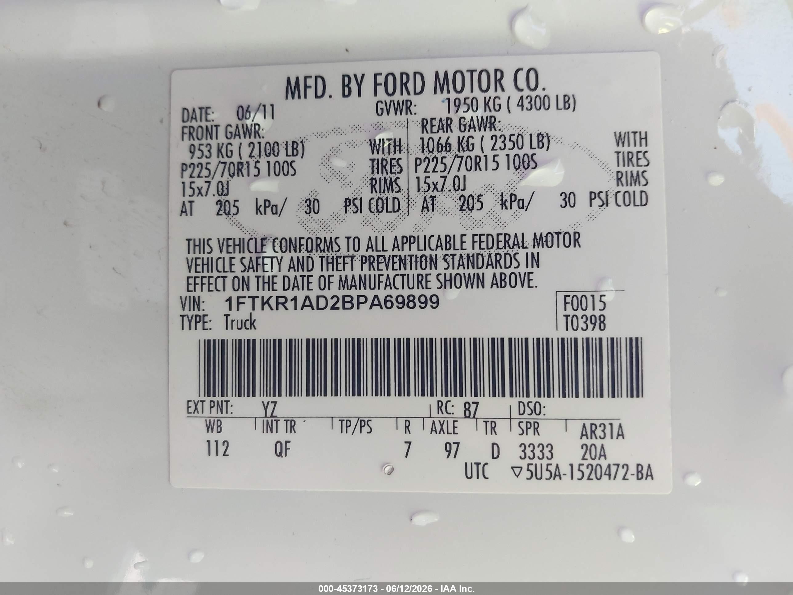 2011 Ford Ranger Xl White vin: 1FTKR1AD2BPA69899
