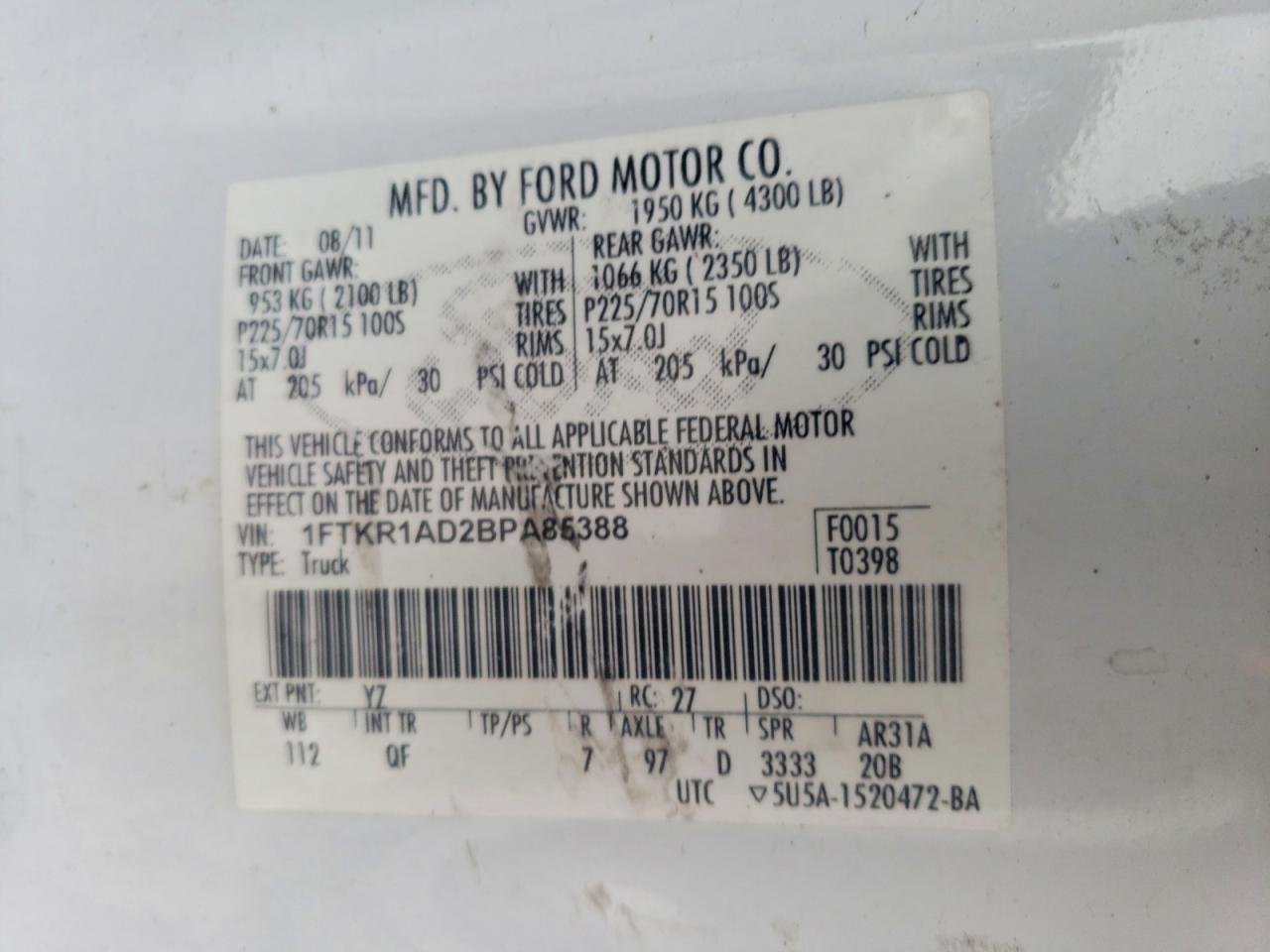 2011 Ford Ranger White vin: 1FTKR1AD2BPA85388