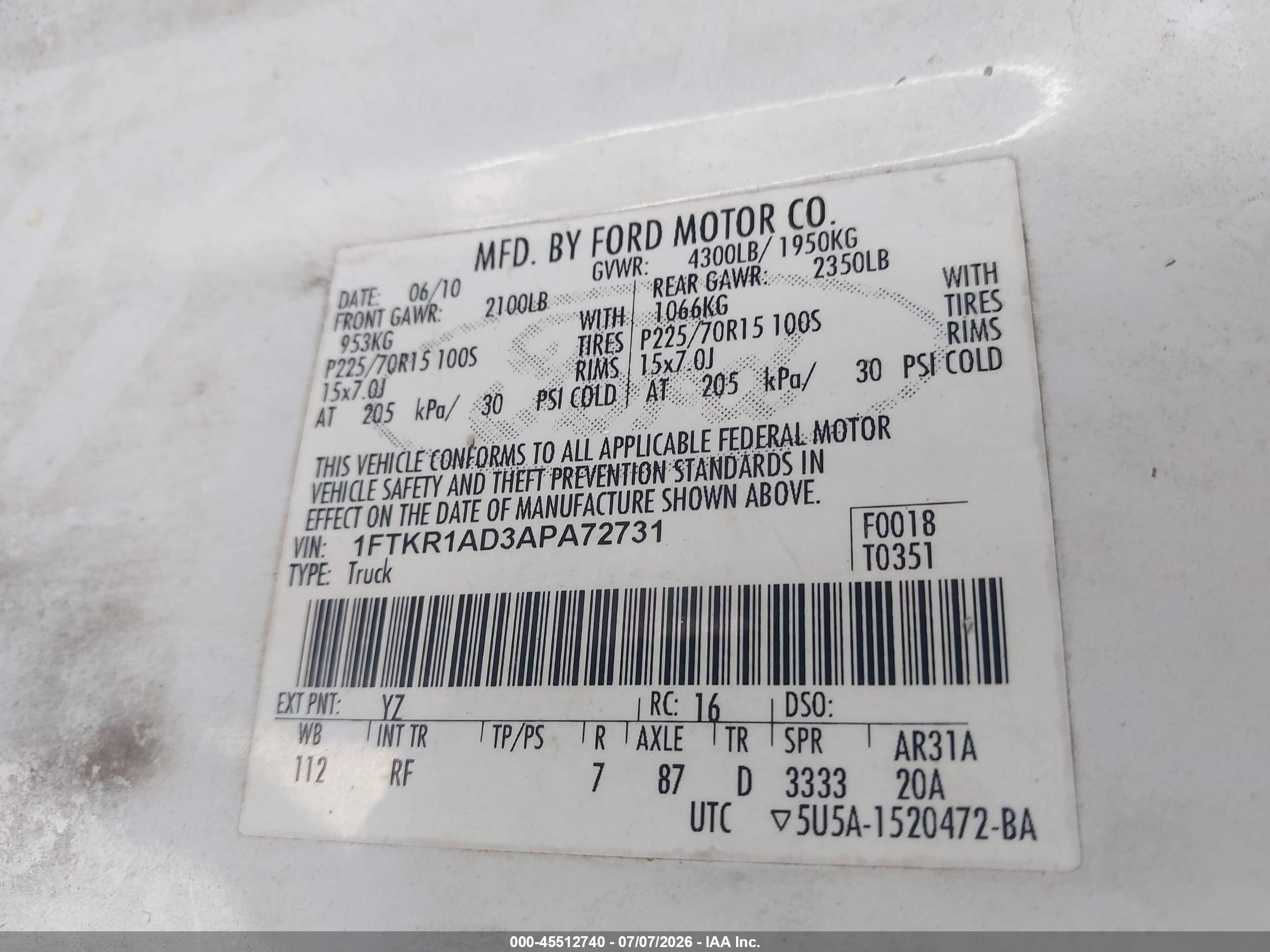 2010 Ford Ranger Xl/xlt White vin: 1FTKR1AD3APA72731