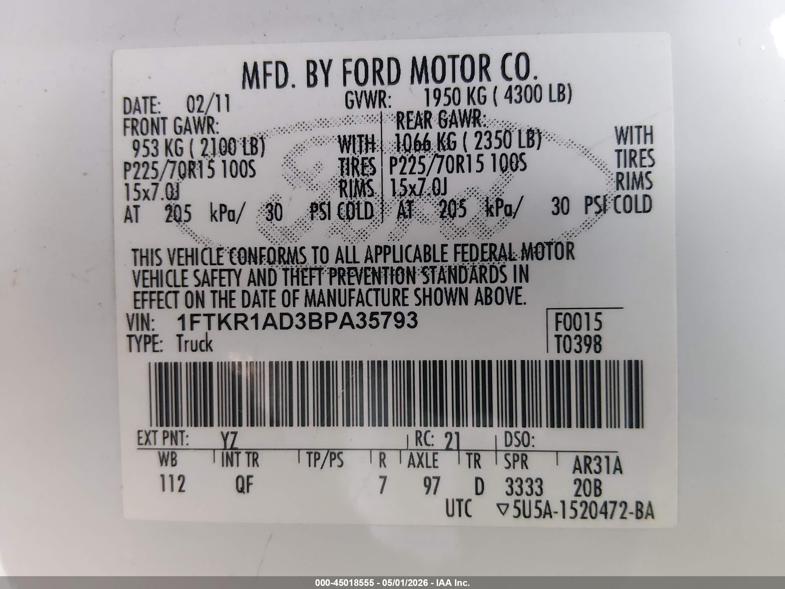 2011 Ford Ranger Xl Белый vin: 1FTKR1AD3BPA35793