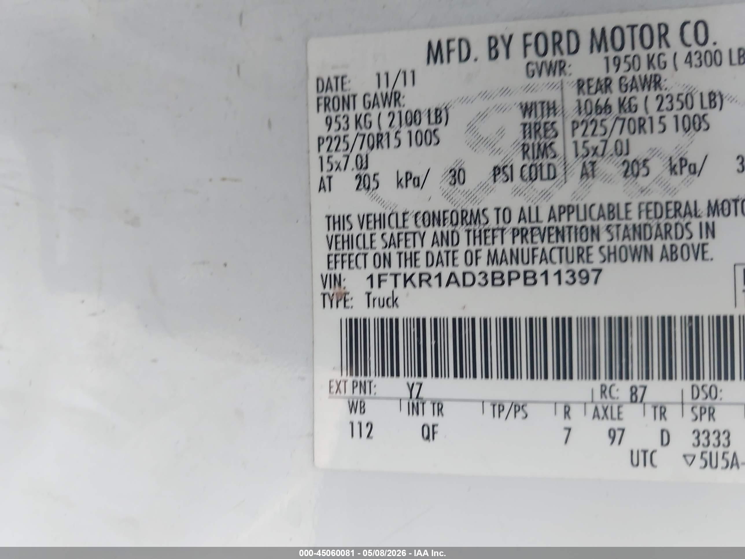 2011 Ford Ranger Xl Белый vin: 1FTKR1AD3BPB11397