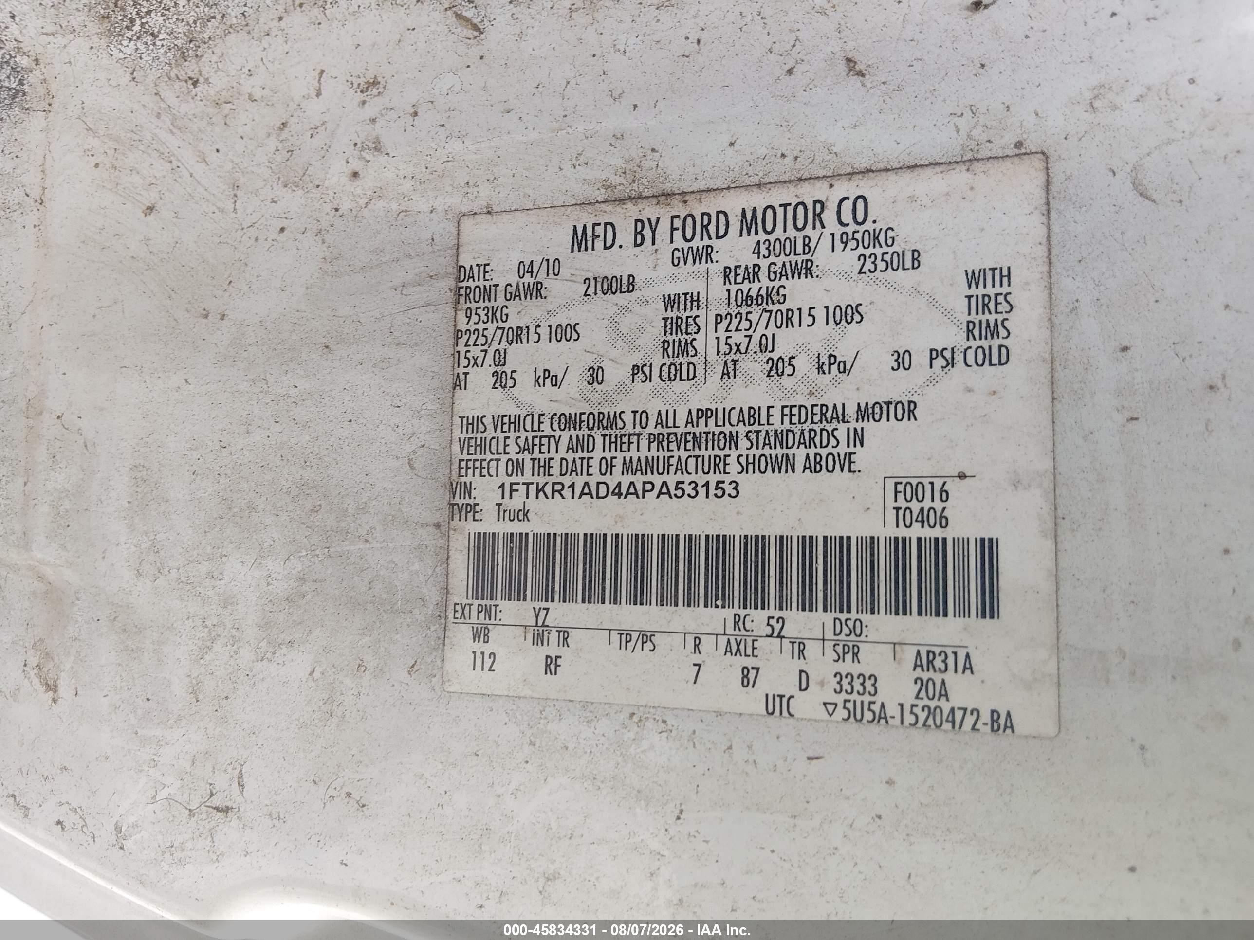 2010 Ford Ranger Xl/xlt White vin: 1FTKR1AD4APA53153