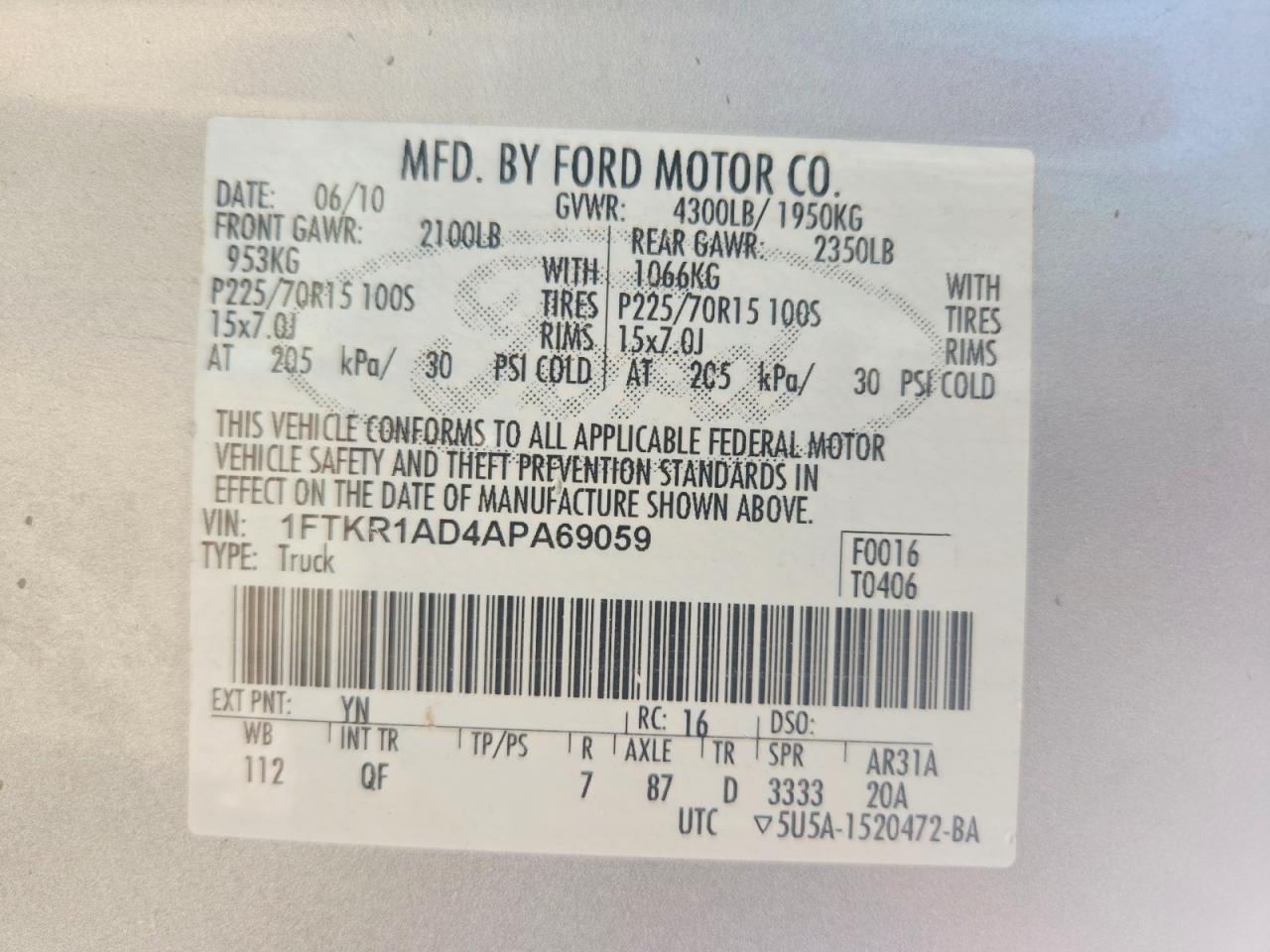2010 Ford Ranger Silver vin: 1FTKR1AD4APA69059