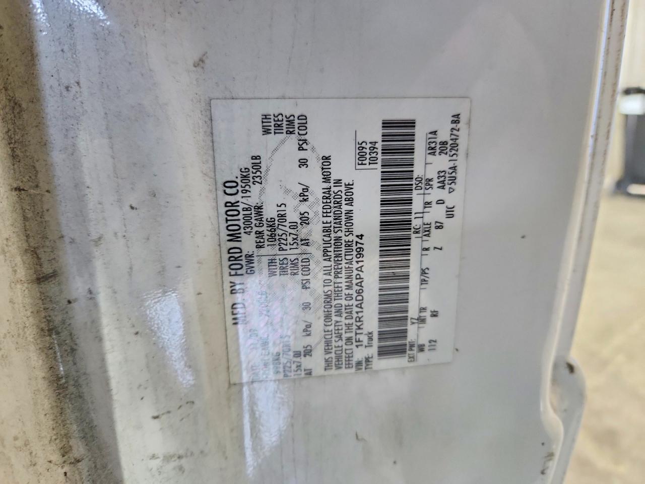2010 Ford Ranger White vin: 1FTKR1AD6APA19974