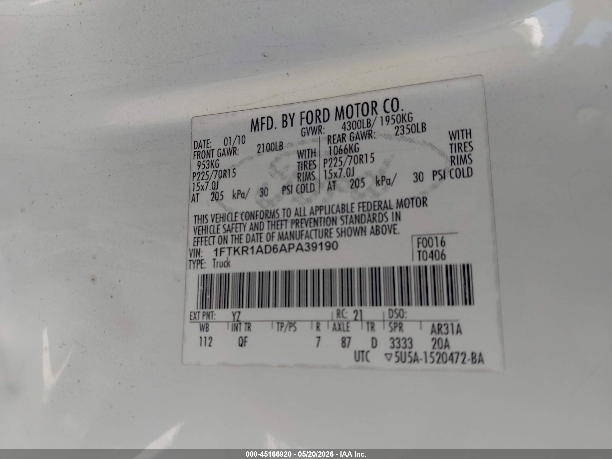 2010 Ford Ranger Xl/xlt White vin: 1FTKR1AD6APA39190