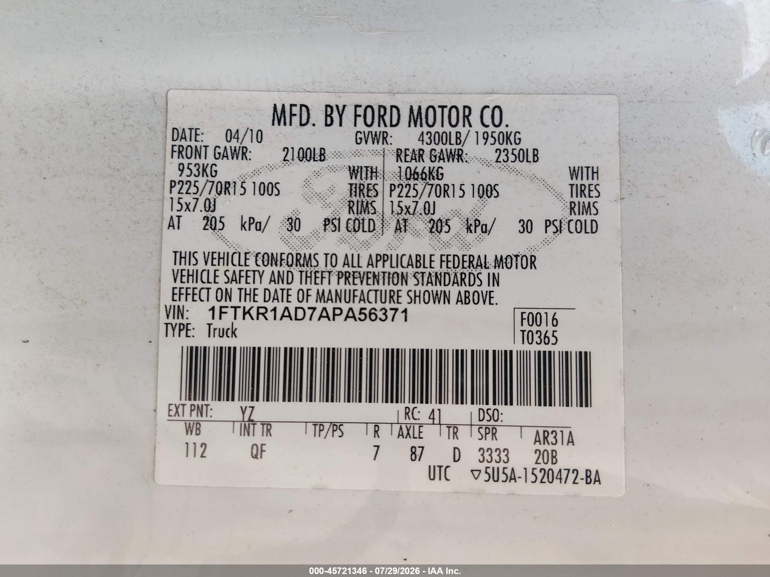 2010 Ford Ranger Xl White vin: 1FTKR1AD7APA56371