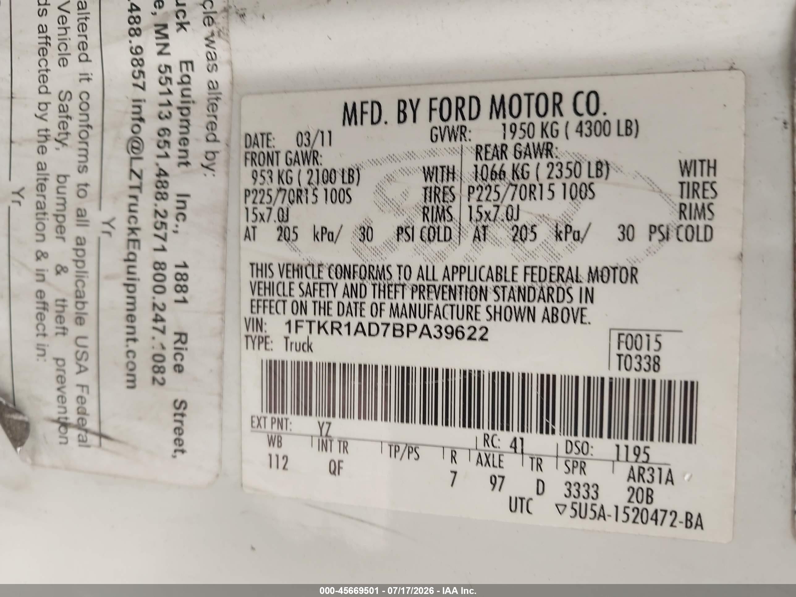 2011 Ford Ranger Xl White vin: 1FTKR1AD7BPA39622