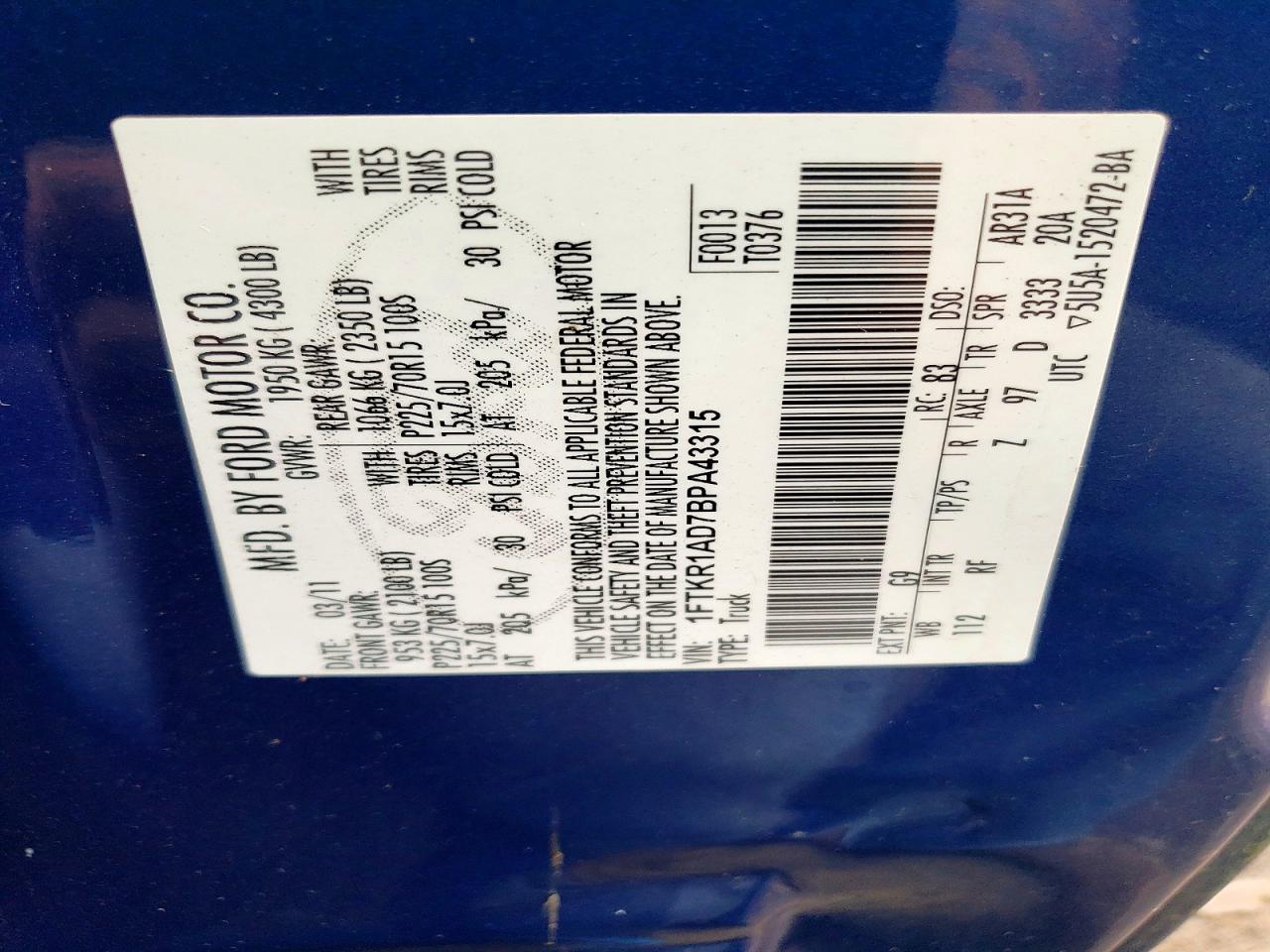 2011 Ford Ranger Blue vin: 1FTKR1AD7BPA43315