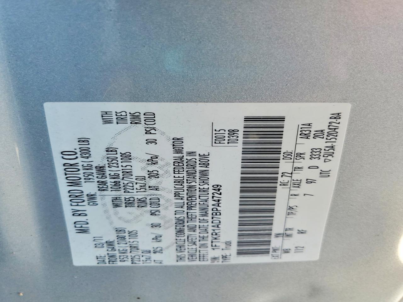 2011 Ford Ranger Silver vin: 1FTKR1AD7BPA47249