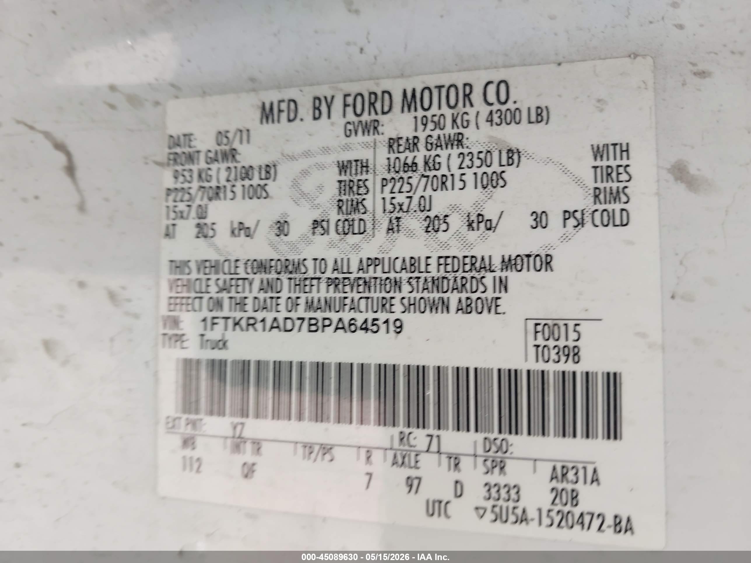 2011 Ford Ranger Xl White vin: 1FTKR1AD7BPA64519