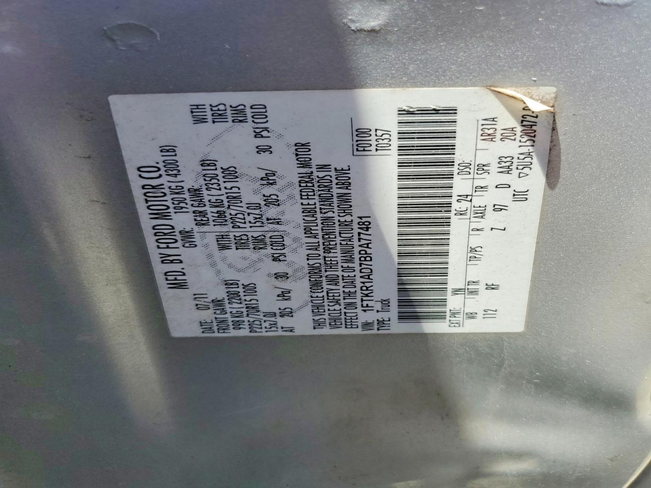 2011 Ford Ranger Silver vin: 1FTKR1AD7BPA77481