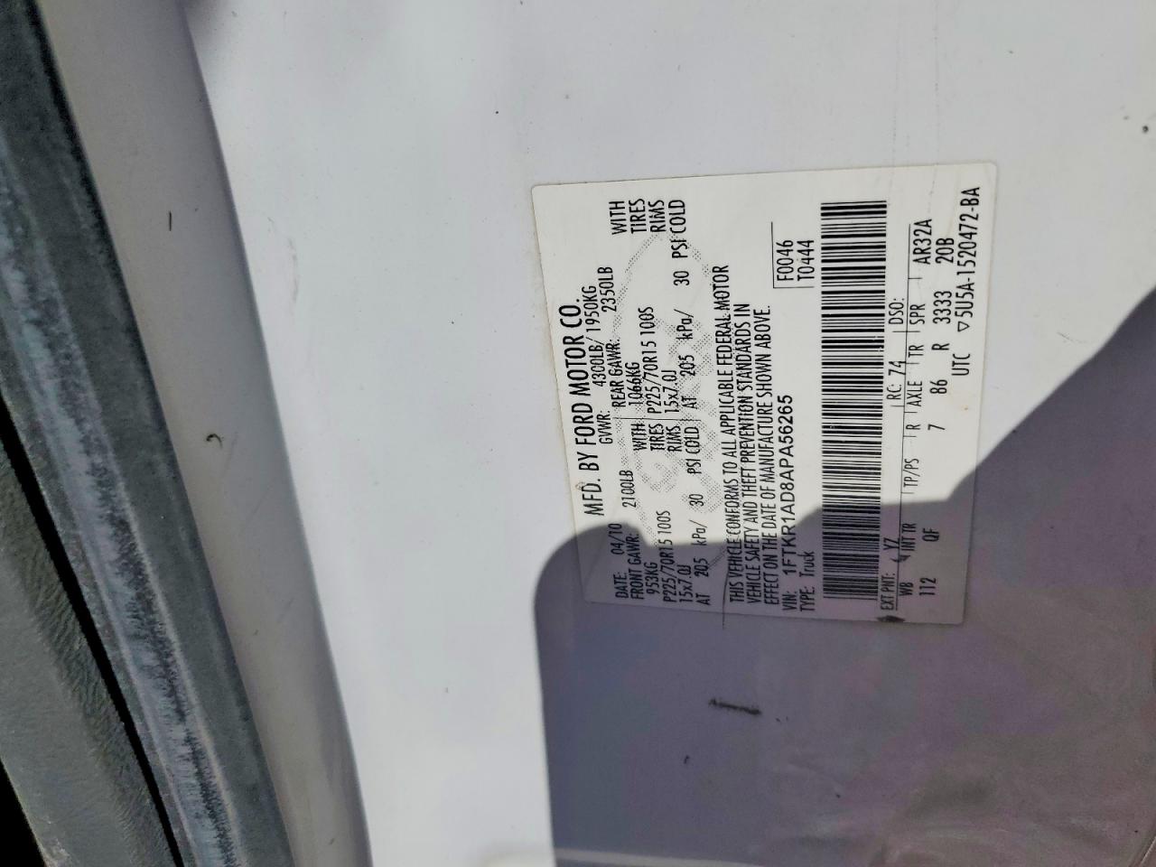 2010 Ford Ranger White vin: 1FTKR1AD8APA56265