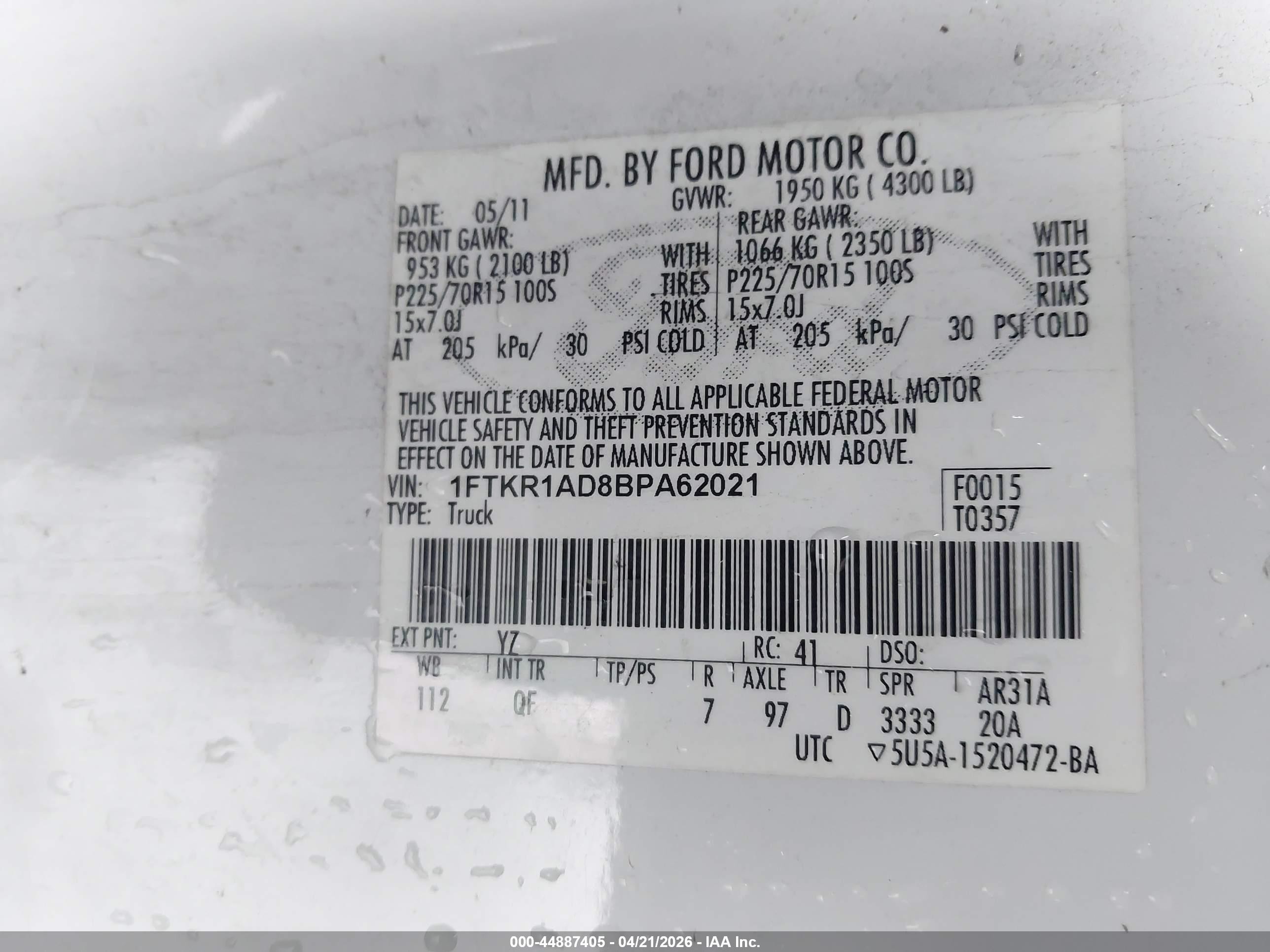 2011 Ford Ranger Xl Белый vin: 1FTKR1AD8BPA62021