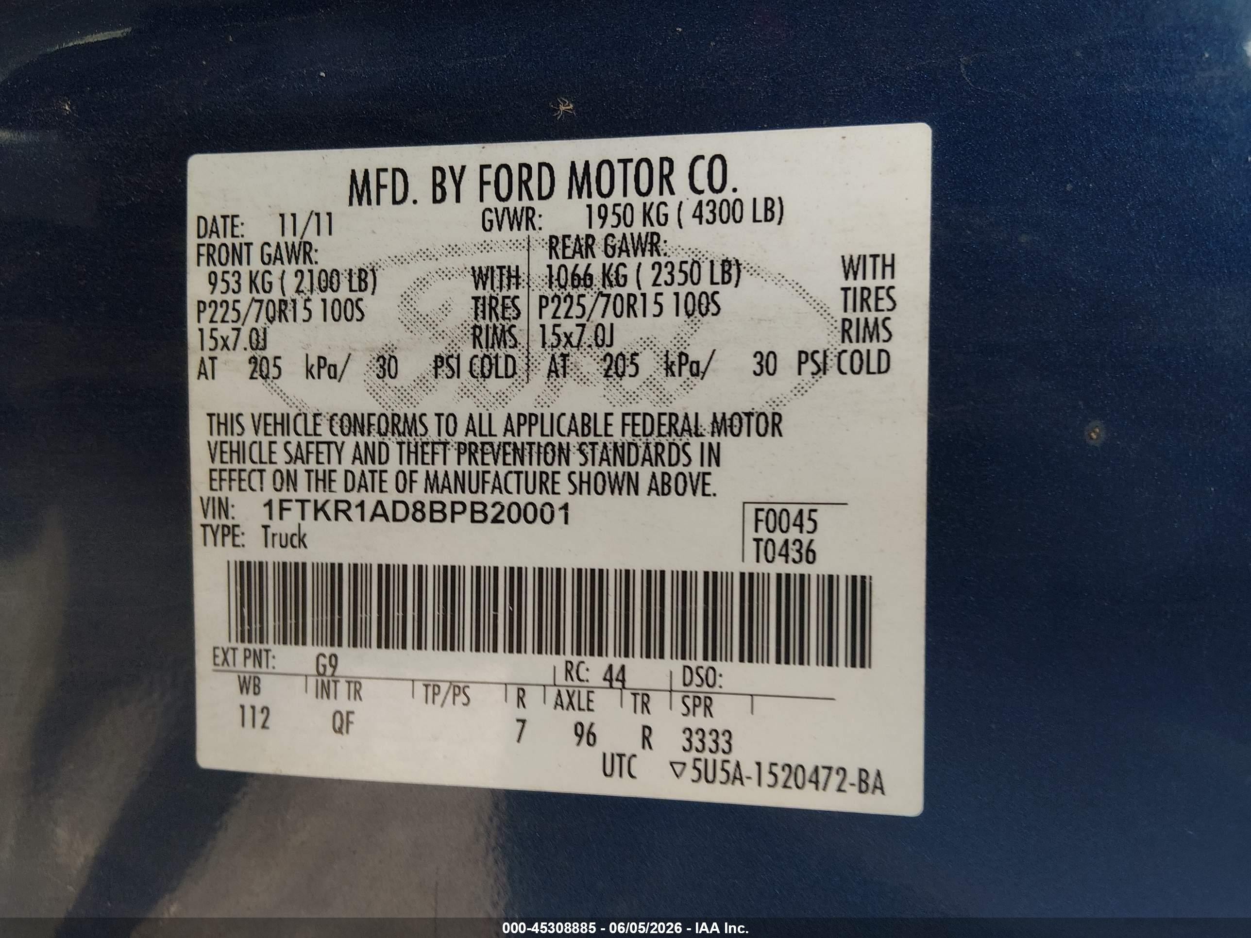 2011 Ford Ranger Xl Blue vin: 1FTKR1AD8BPB20001